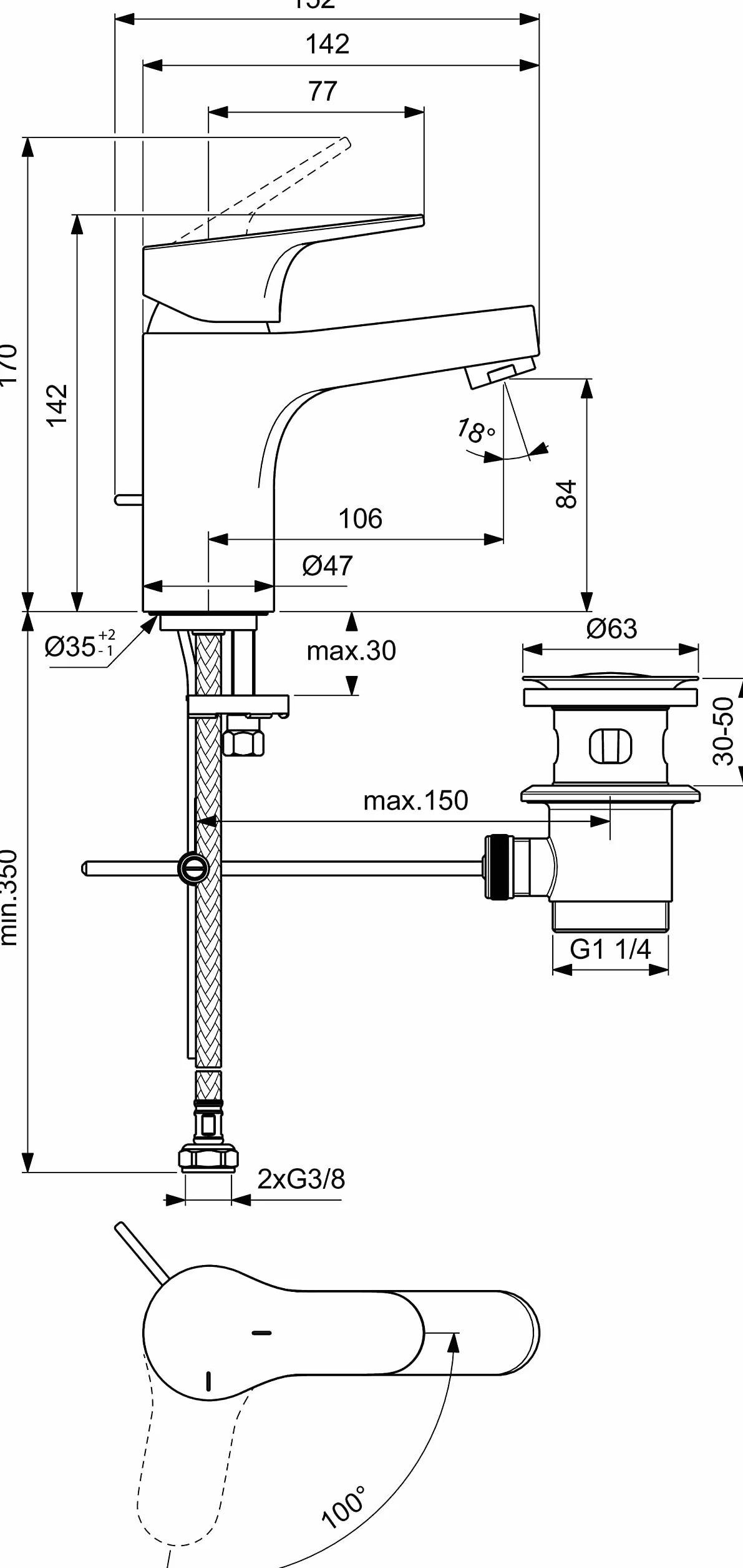Ideal Standard - Cerabase, Mikser umywalkowy, Z technologią BlueStart®, Z prętem sterującym i wyładowczym 1-1/4", Chromowany