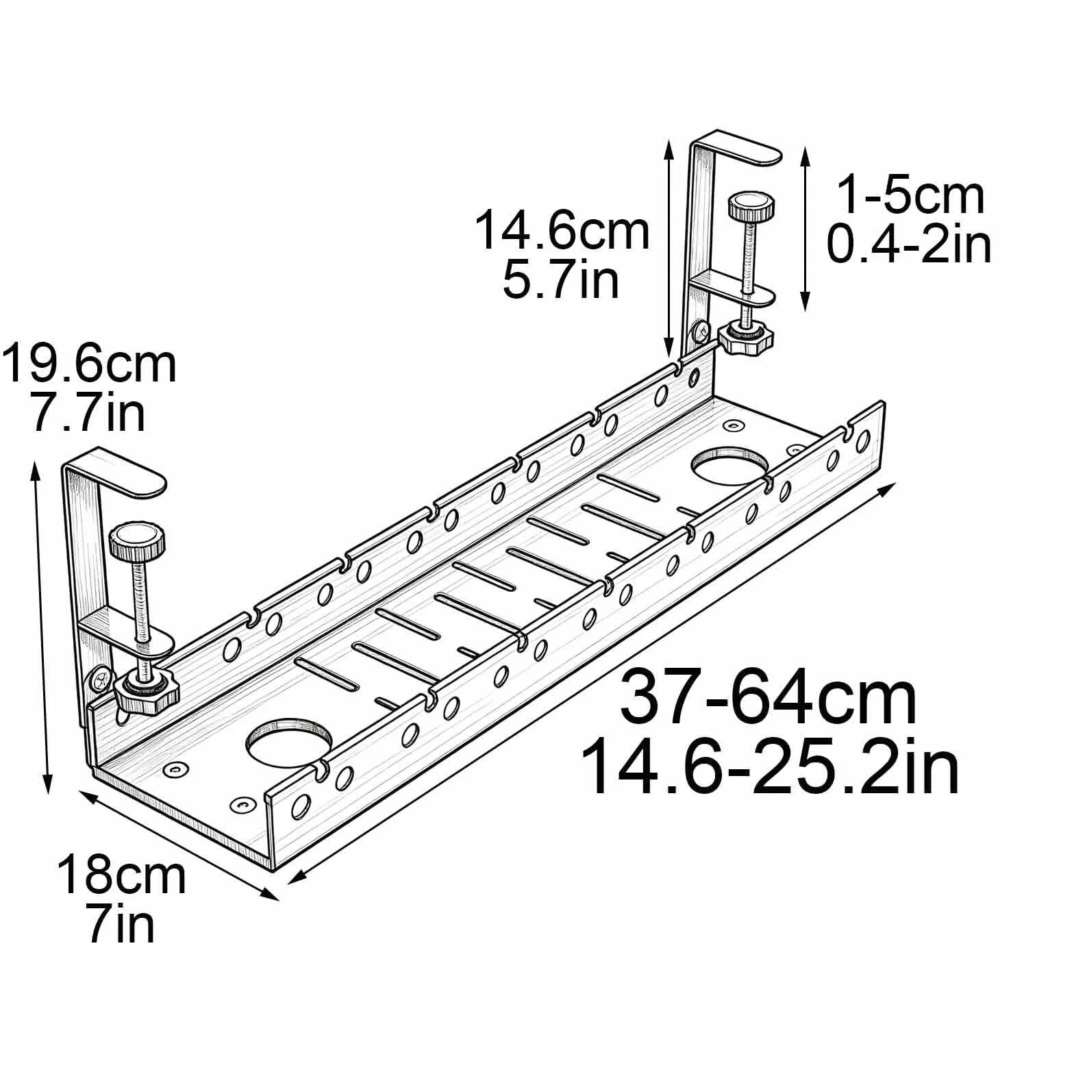 Regulowany Organizer Kabli Pod Biurko 37-64cm, Metalowa Półka na Kable z Zaciskiem Bez Wiercenia do Home Office(Black)