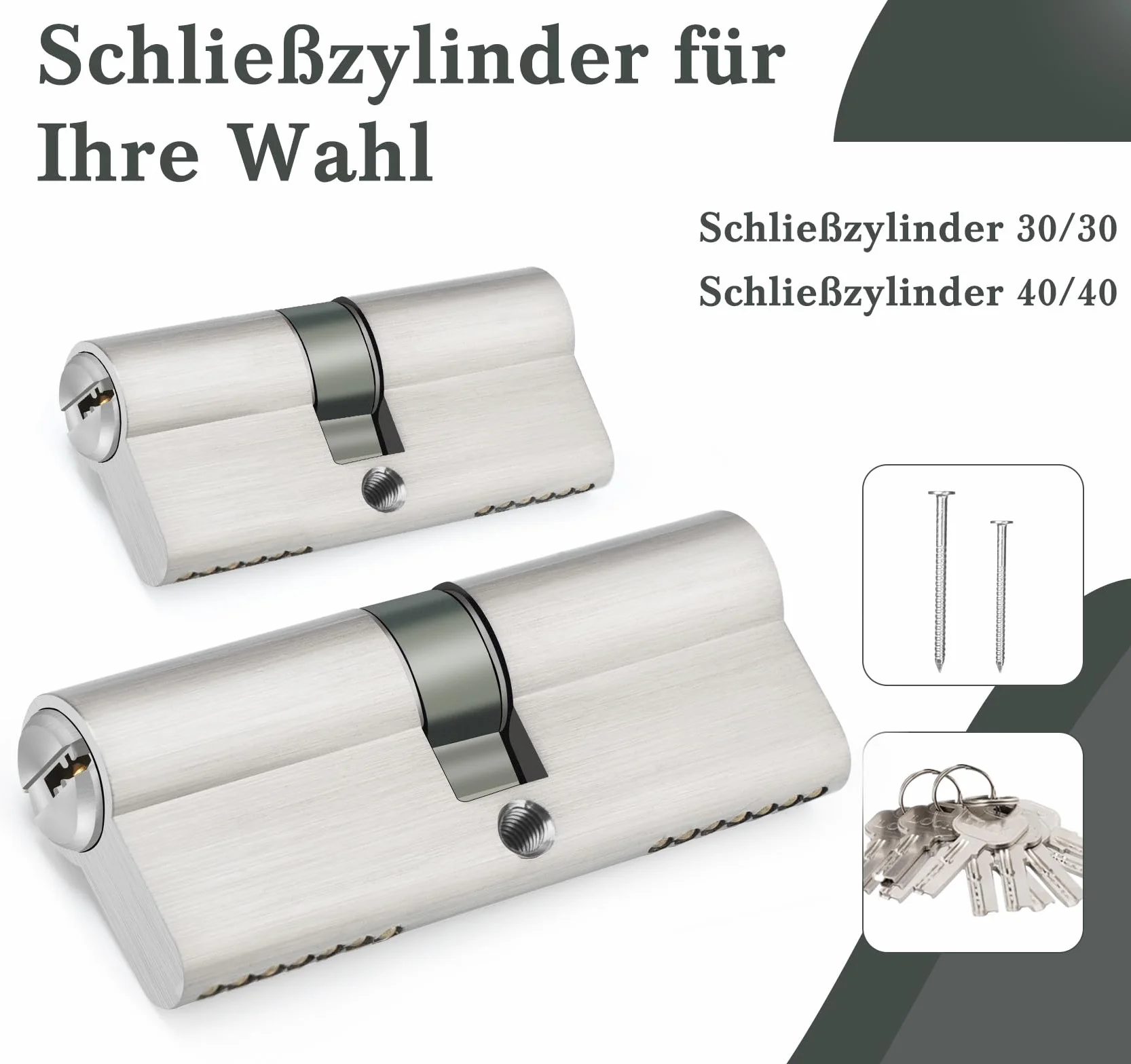 Hengsong Cylinder zamka 40/40, zamek bębenkowy, z 8 kluczami, cylinder profilowy do drzwi wejściowych, zamek do drzwi wejściowych, zamek do drzwi wewnętrznych, ok. 6 cm x 1,5 x 1,5 x 3 cm, srebrny