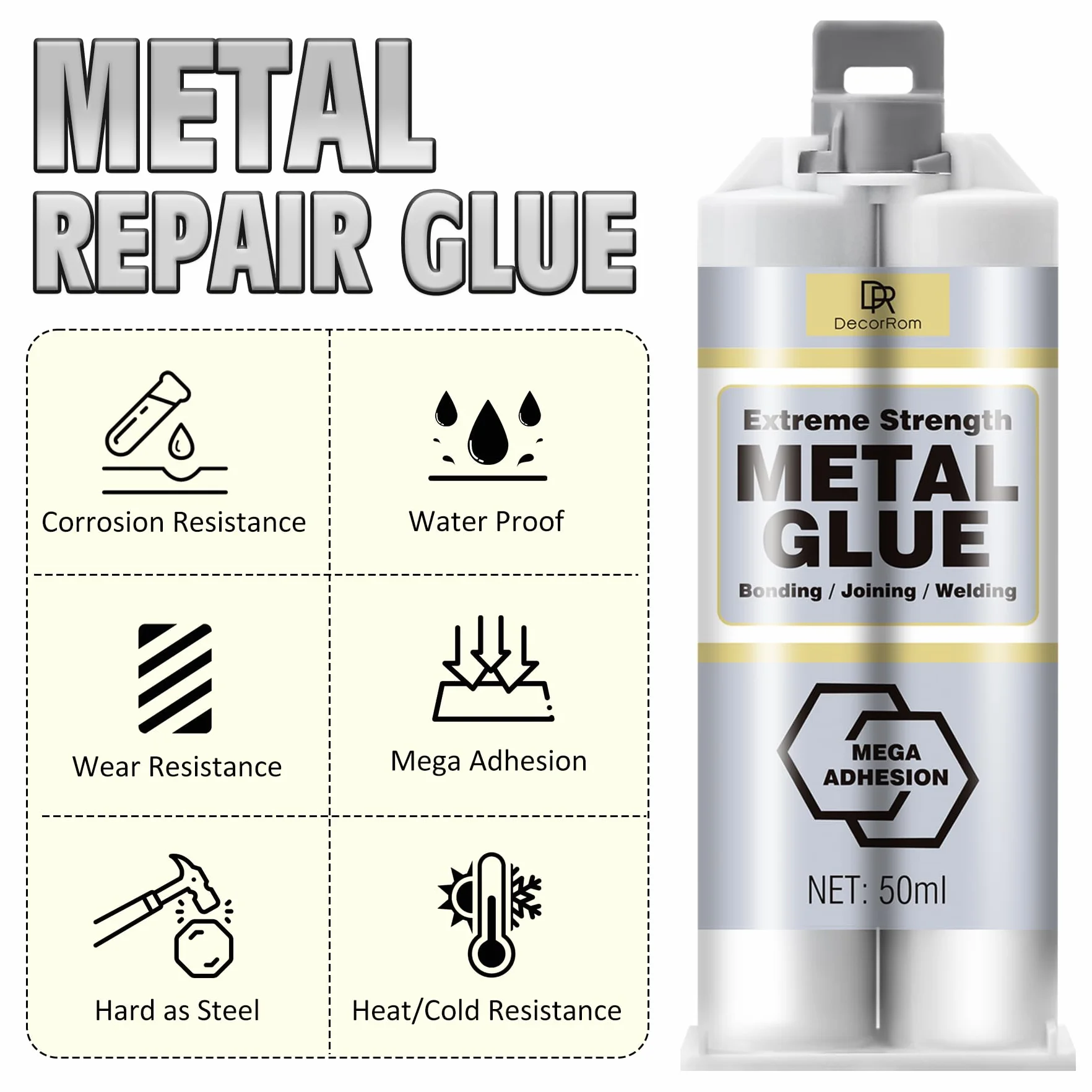 DecorRom Metalowy Klej Epoksydowy 100 ml - Dwuskładnikowy, Mocny, Wytrzymały, Do Metalu, Stal, Aluminium i Inne