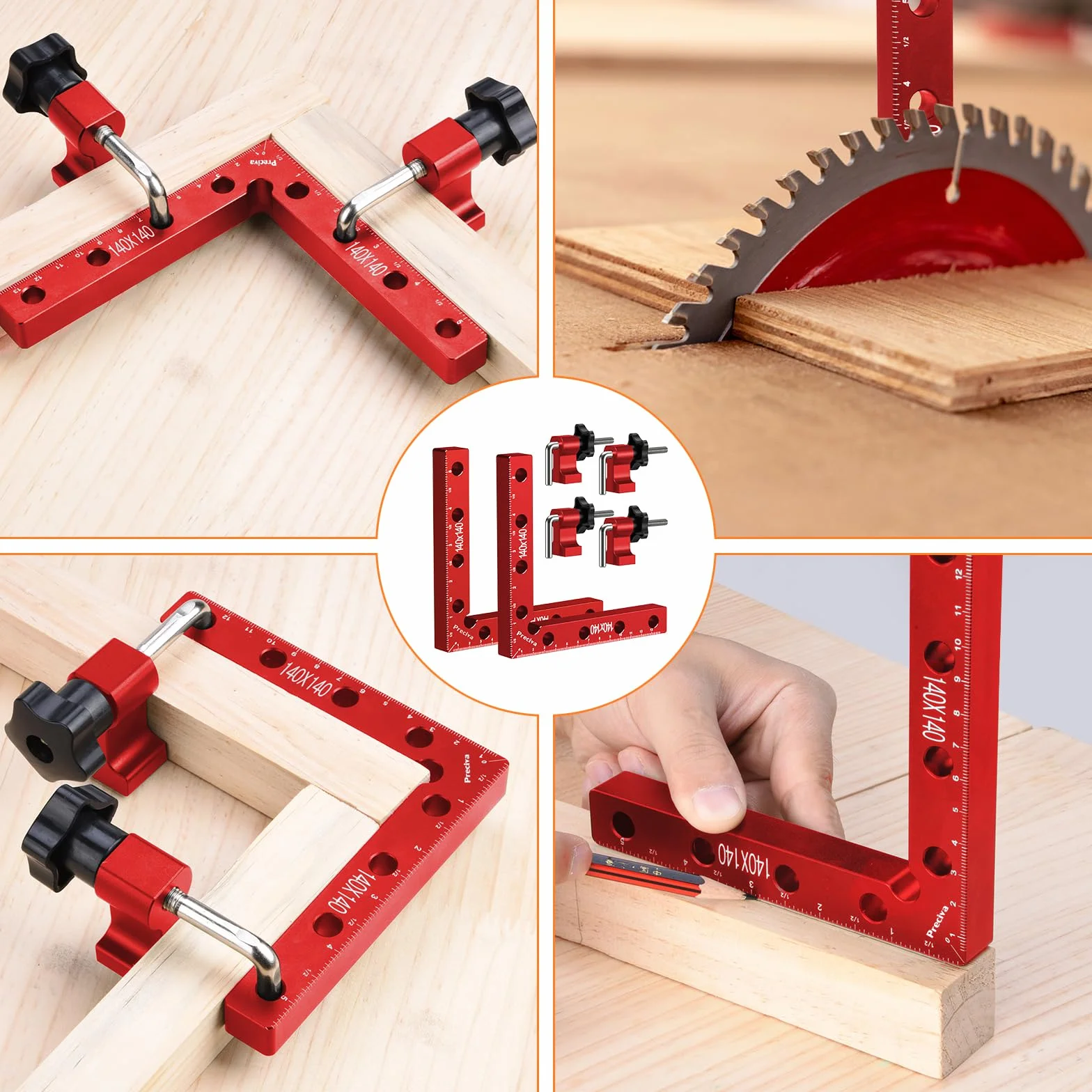 Preciva 2 zaciski kątowe ze stopu aluminium (14 cm/5,5 cala), narzędzia do obróbki drewna, kątownik stolarski, do obróbki drewna, majsterkowania, rzemiosła (kolor czerwony)