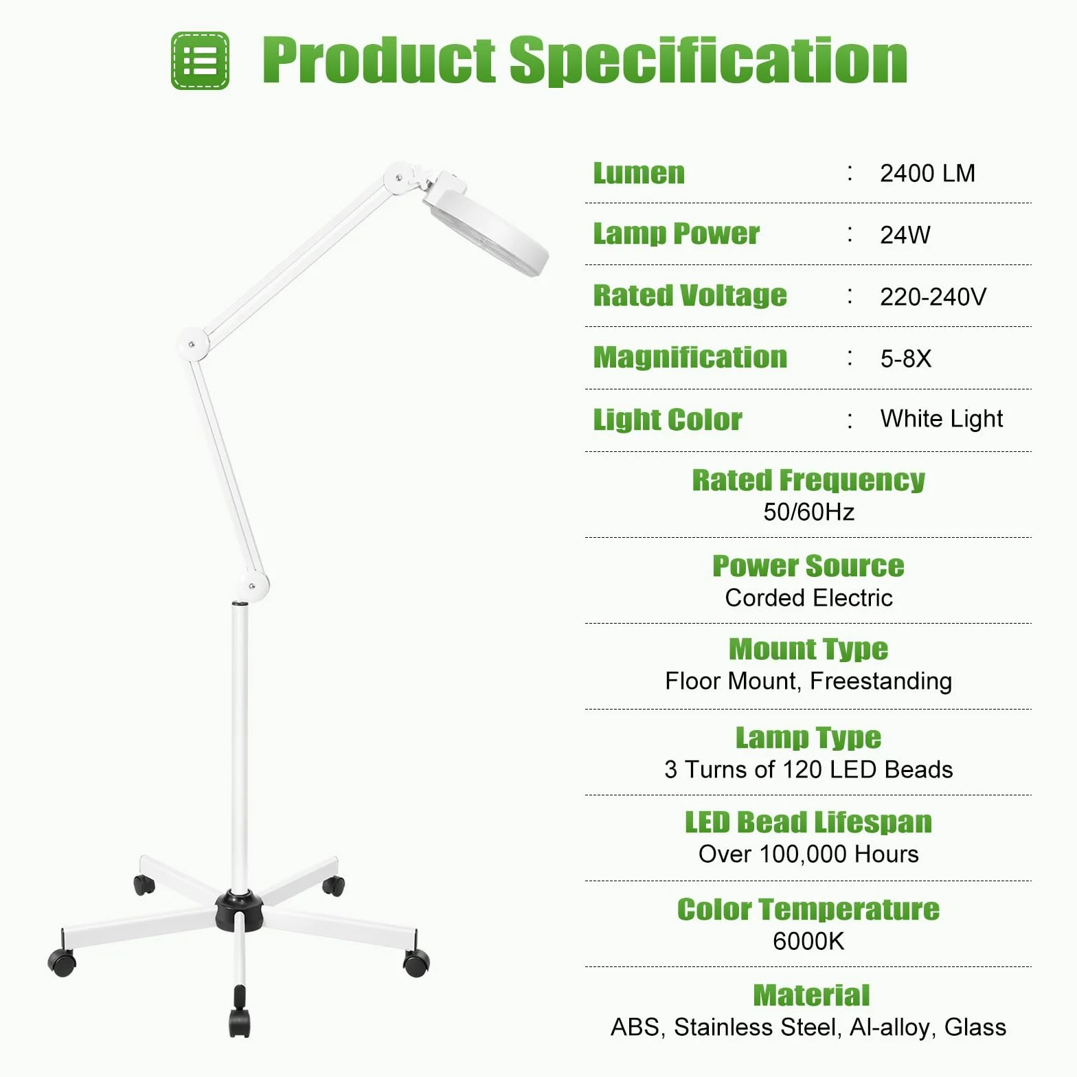 8 x lupa ze światłem i stojakiem, lupa powiększająca, lupa stojąca z 360°-120 diodami LED i ramieniem światła 360°, lupa do czytania na podłodze, z piątym kółkiem do pracy, czytania, szycia