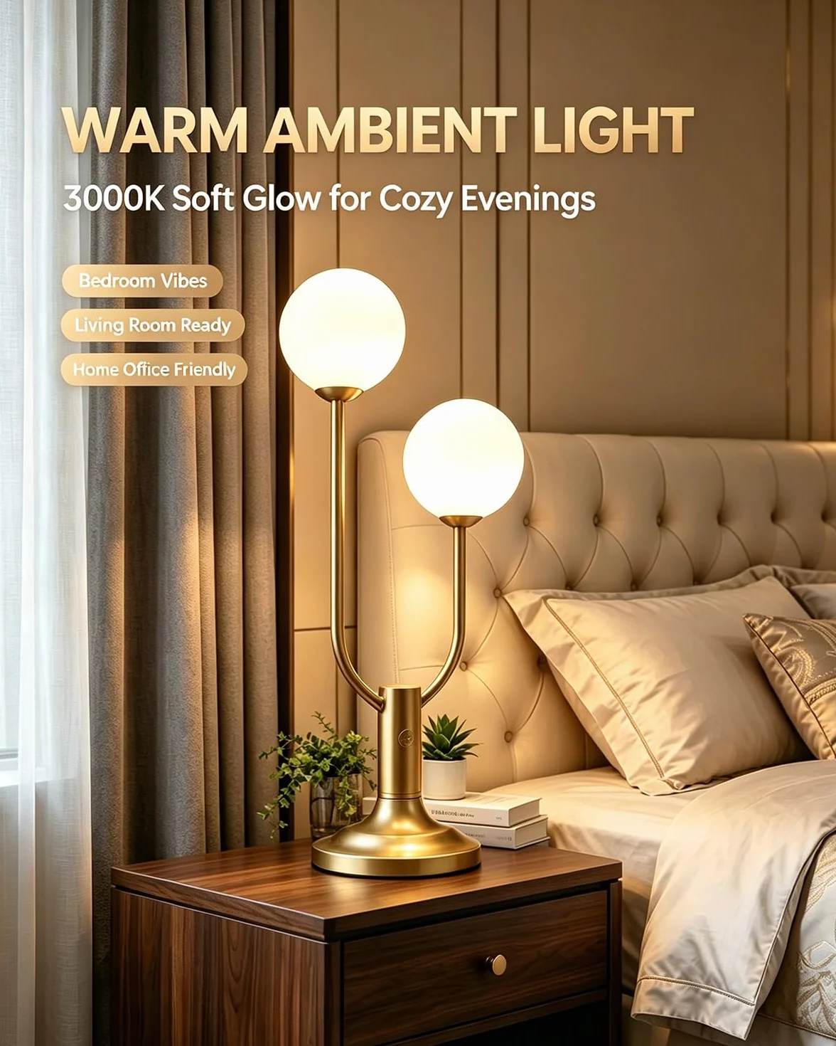 Lampa stołowa ze złotym globusem do sypialni, 2-lekka, z połowy wieku, nowoczesna lampa biurkowa do czytania, 3000 K, ciepła biel, ściemniane lampki nocne, lampa nocna (żarówka G9 w zestawie)