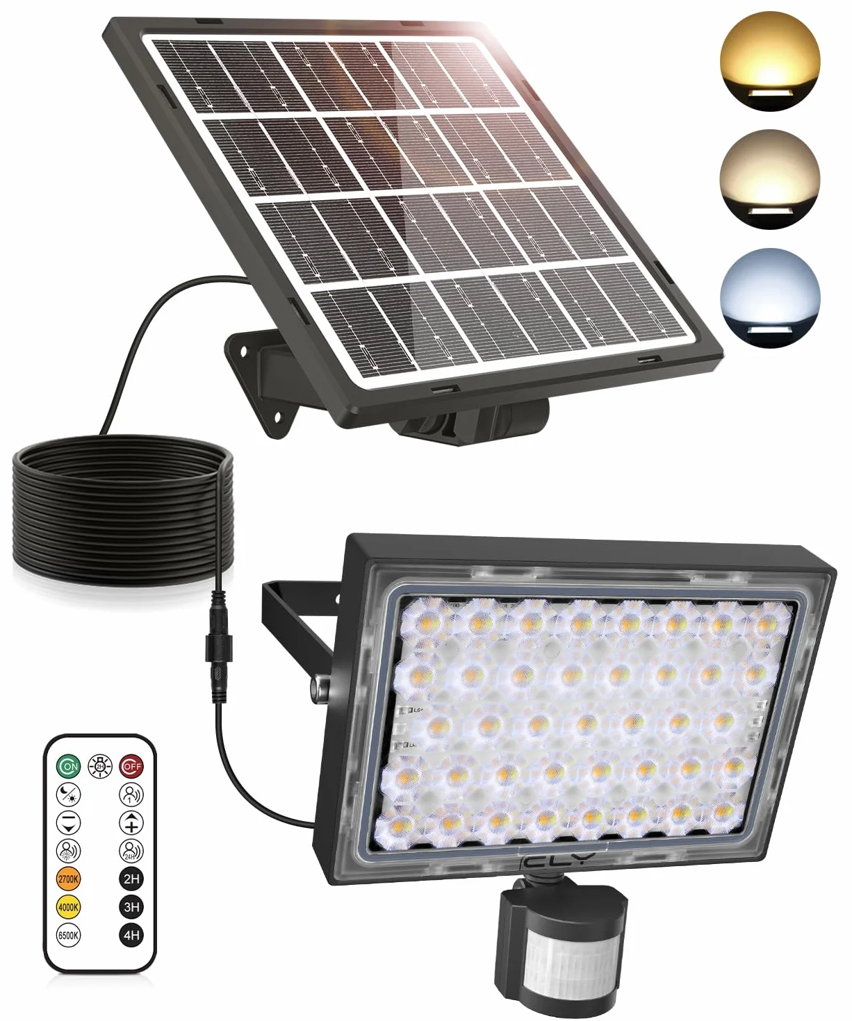 CLY Lampa słoneczna Zewnętrzny czujnik ruchu 30W, 2600lm Zewnętrzna lampa słoneczna z pilotem 6 trybów Reflektor słoneczny 2500K-6500K Słoneczne oświetlenie zewnętrzne 5000 mAh IP66 Wodoodporny