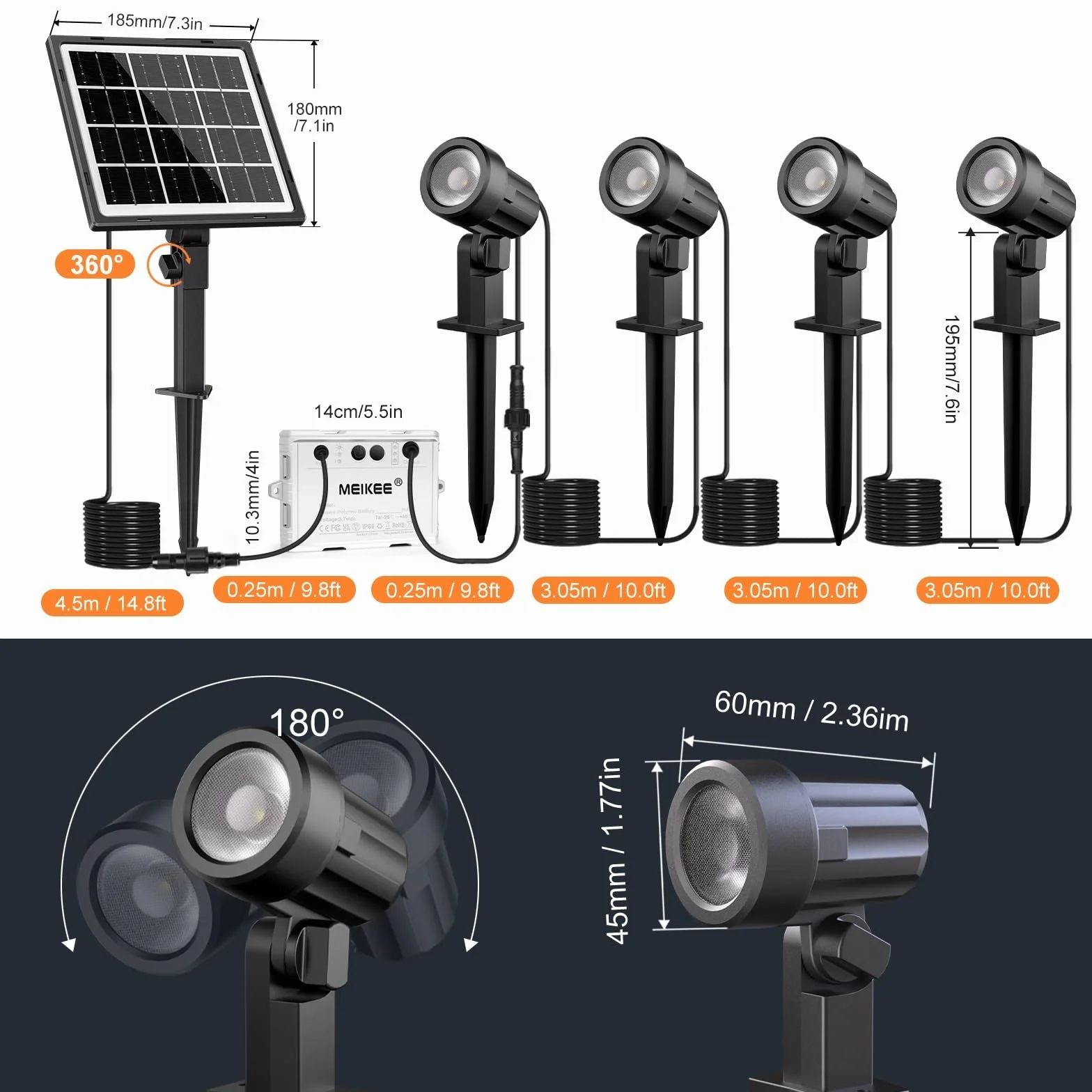 MEIKEE Reflektory słoneczne na zewnątrz, 2700 K, ciepła biel, 3 jasność, 2 tryby dynamiczne, solarne oświetlenie ogrodowe, 6000 mAh, wodoszczelność IP66, idealny do ogrodów, patio, tarasów, drzew