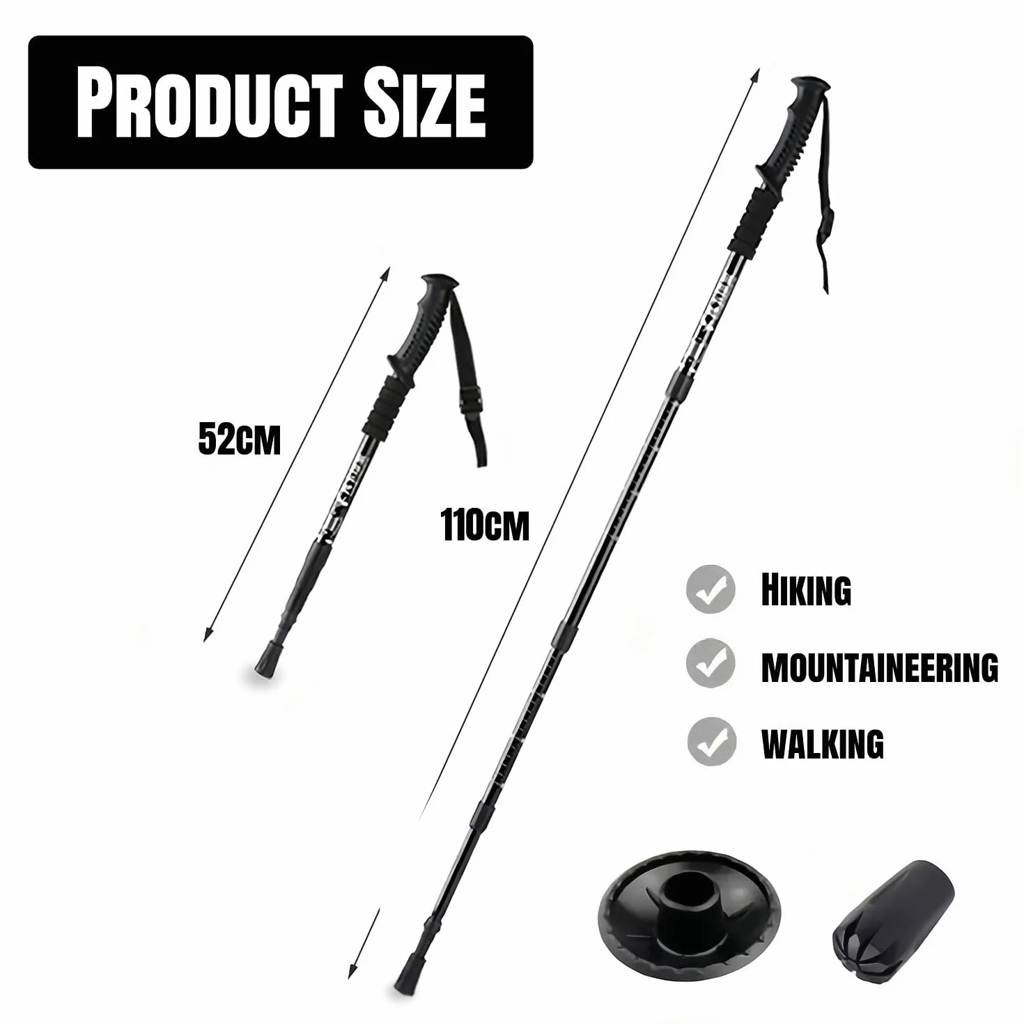 Kijki trekkingowe, aluminiowe kijki trekkingowe, dla kobiet i mężczyzn, do wędrówek, nordic walkingu i wycieczek narciarskich, regulowane, teleskopowe, lekkie, czarne, 52-110 cm (1 szt.)