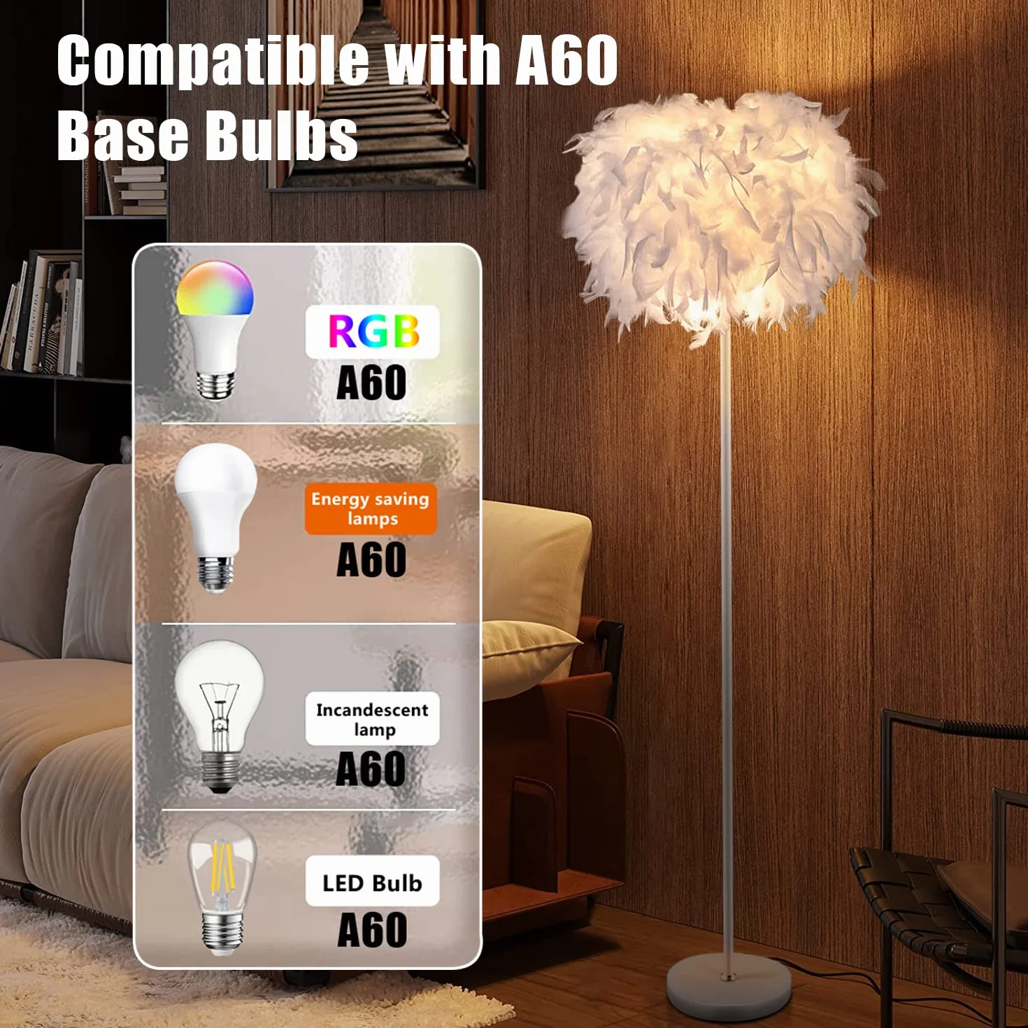 Lampa podłogowa LED z kloszem z piór, dekoracyjna lampa podłogowa do salonu,lampa podłogowa do sypialni w nowoczesnym stylu, słupek lampy DIY,metalowa podstawa z przełącznikiem nożnym