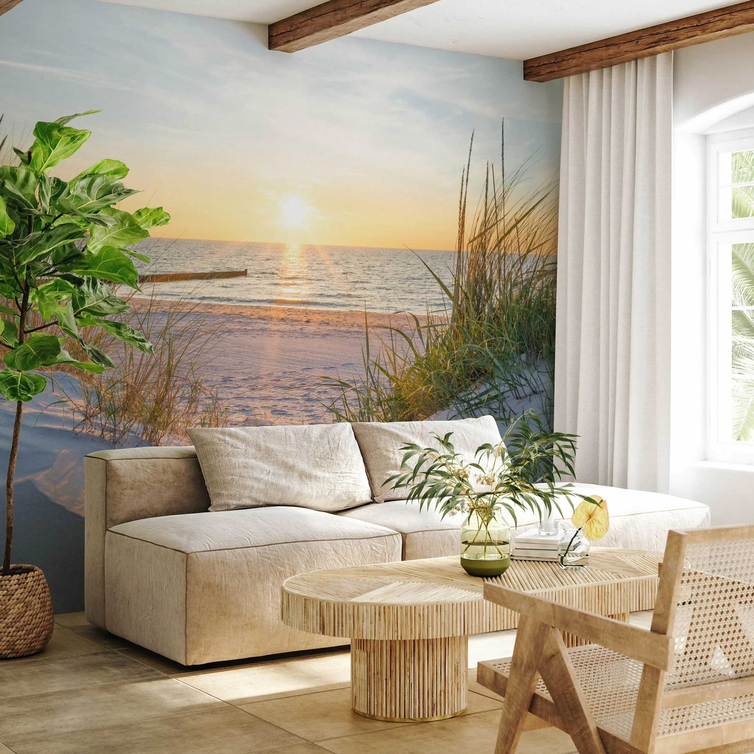 Muralo Fototapeta plaża, morze, wydmy, słońce, niebo, woda, krajobraz, natura, efekt 3D, nowoczesna tapeta ścienna, dekoracja ścienna do salonu, sypialni, jadalni, szer. 312 cm x wys. 219 cm