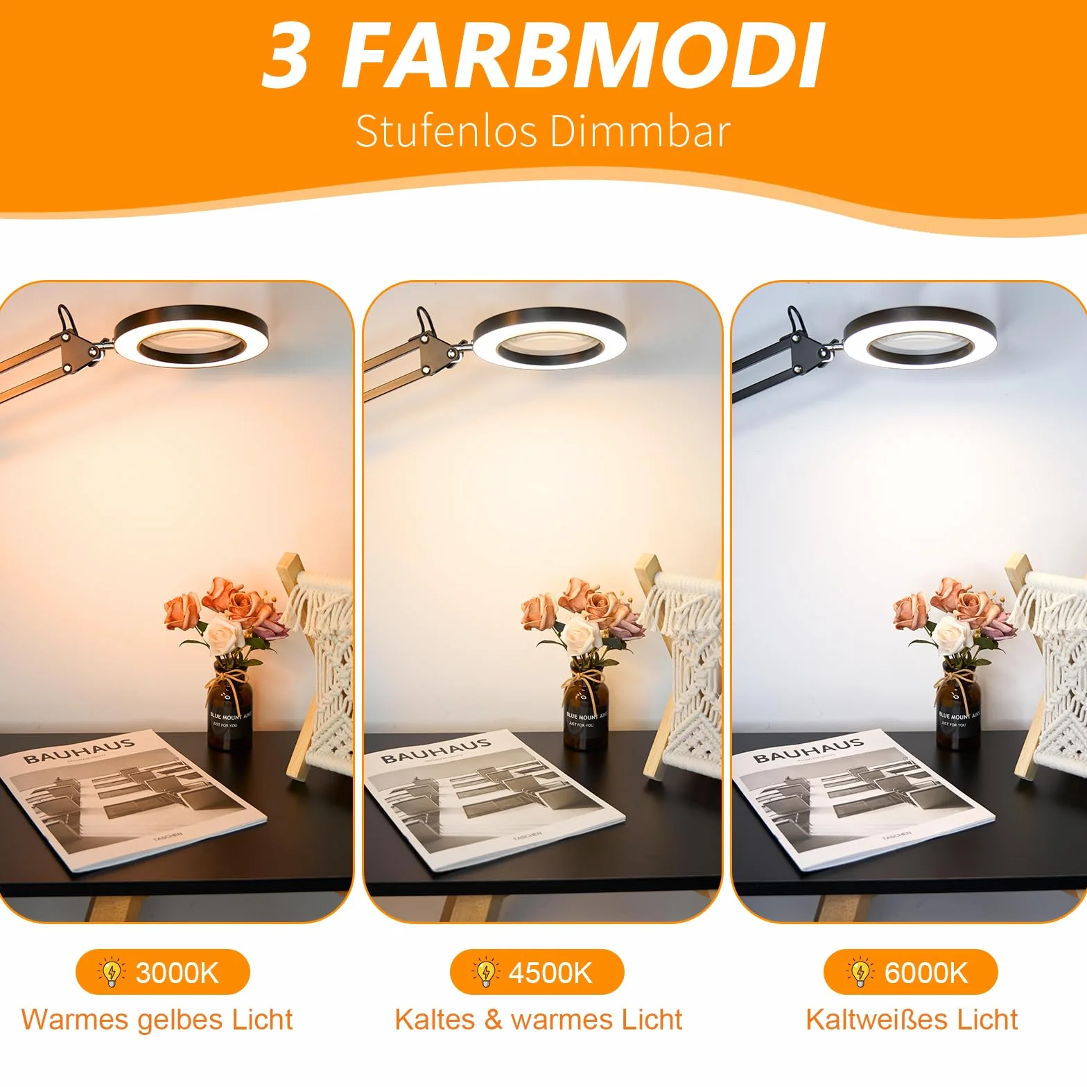 Lampa LED z lupą, 10 x lampa z lupą z zaciskiem, lampka do czytania, 3 tryby kolorów, 10 poziomów jasności, ściemniana, lampa biurkowa z lupą do czytania, hobby, majsterkowania, dla seniorów