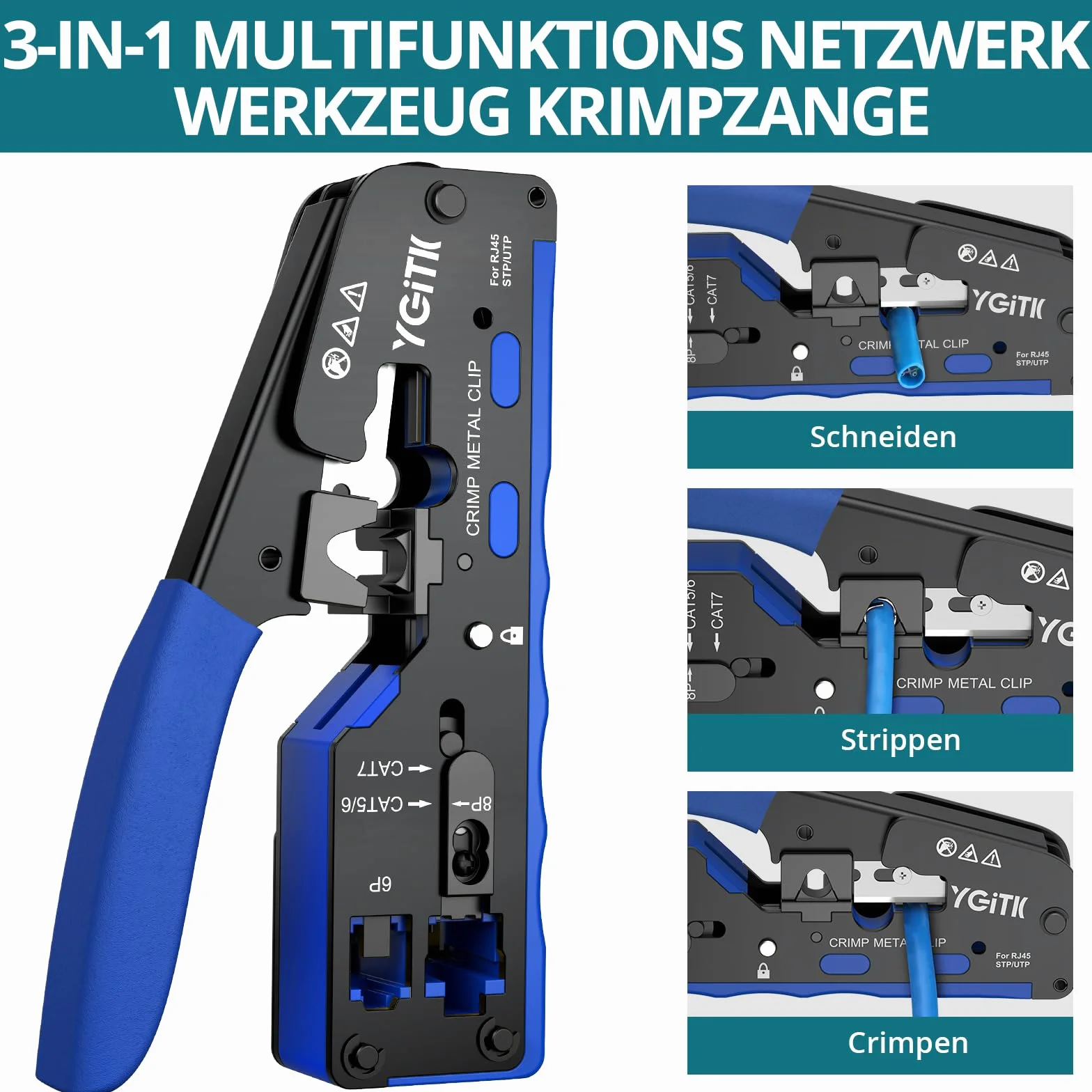 Zestaw narzędzi do zaciskania RJ45, zaciskarka 3 w 1, striptizerka, tester kabli do CAT5, Cat5e, CAT6, Cat6A 8P+6P, narzędzie do zaciskania przelotowego Ethernet z 50 szt. złączami RJ45 Cat6 i