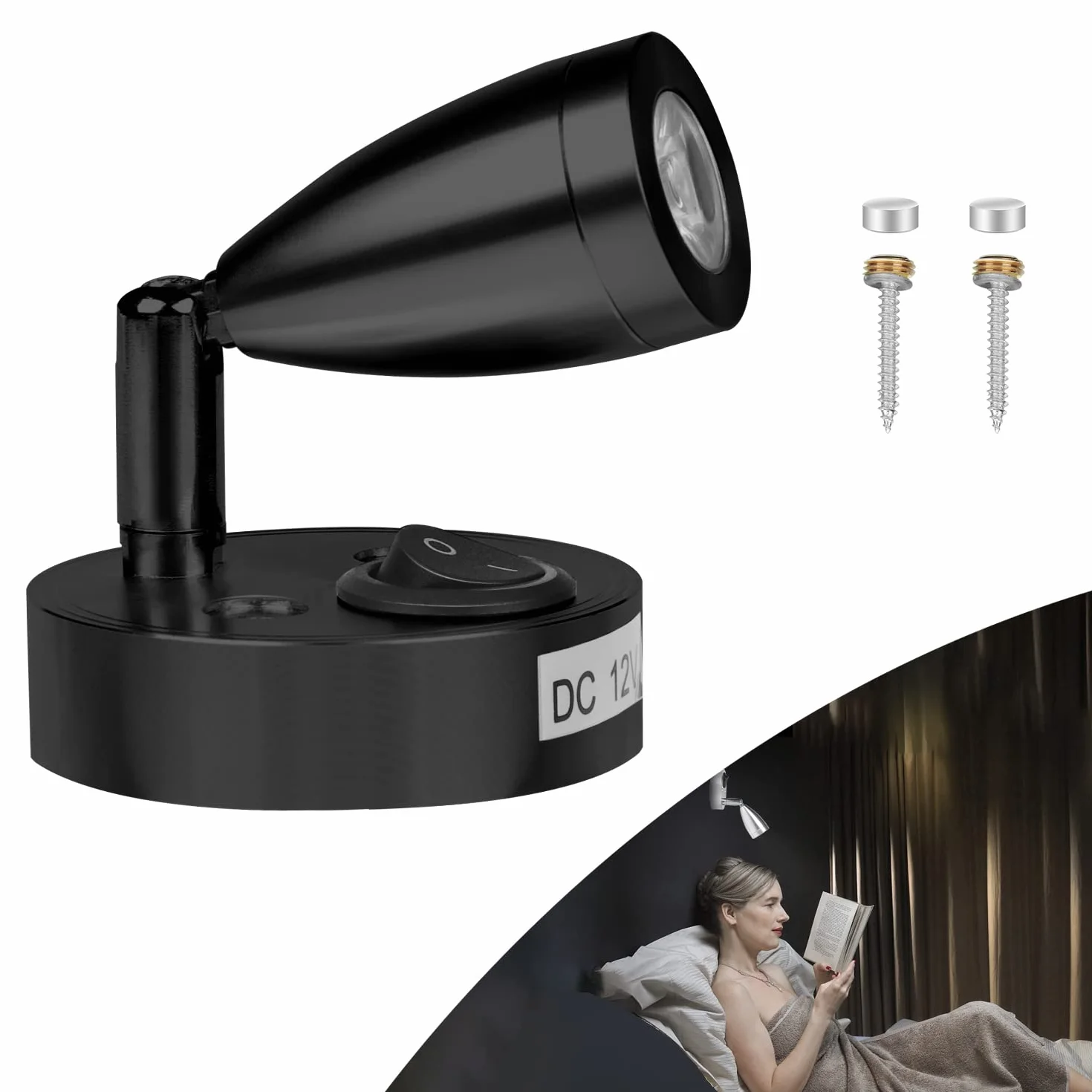 CPROSP 12 V LED punktowa lampka do czytania wewnętrzna, światło LED, regulowany przełącznik, naturalna biel, 220 lm, 60 x 96 mm, czarna, 3000-3500 K