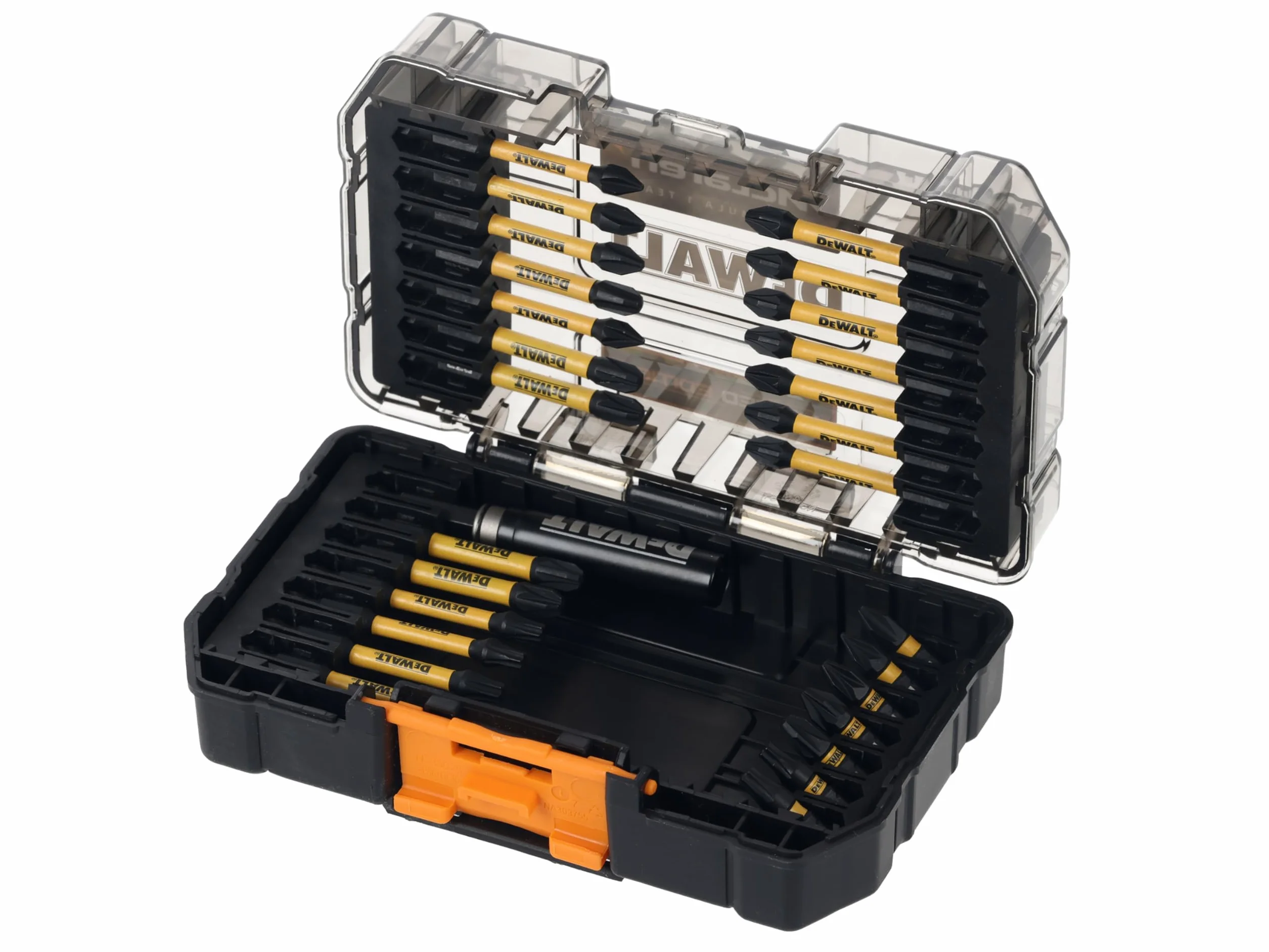 DEWALT 28-częściowy zestaw wkrętaków McLaren FLEXTORQ. Dostarczany w wytrzymałym etui +, jest to część obudowy kompatybilnej z systemem TSTAK™. Wytrzymałe etui można ze sobą spiąć w celu łatwego