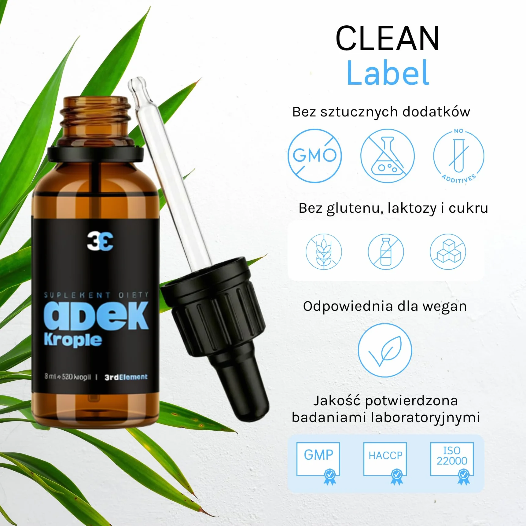 Witaminy ADEK w kroplach 10 ml Wegańska formuła Wspiera odporność wzrok skórę kości 3rd Element Nutrition