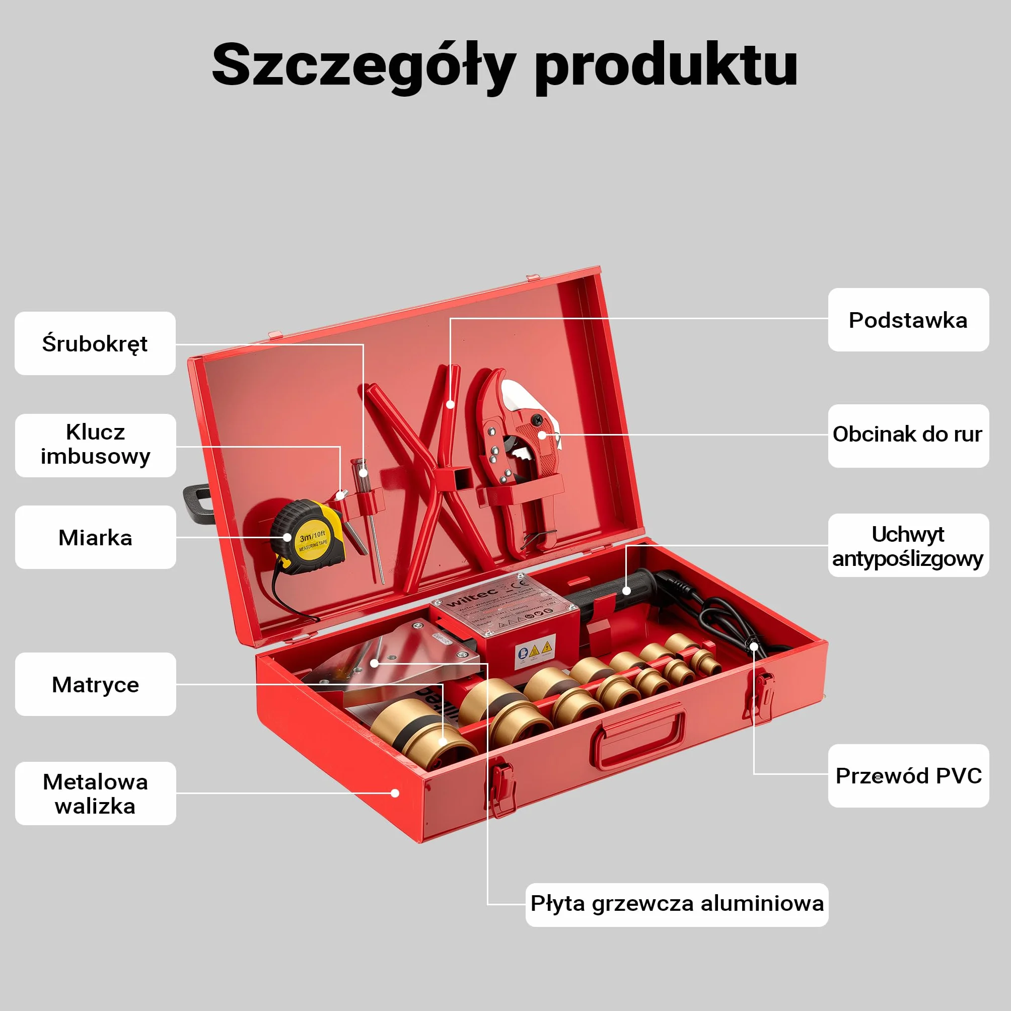 Wiltec Zgrzewarka do rur PE o mocy 2000 W do spawania termoplastycznego, 7 grzałek 16-63 mm w metalowym kufrze, nagrzewa się do 300°C