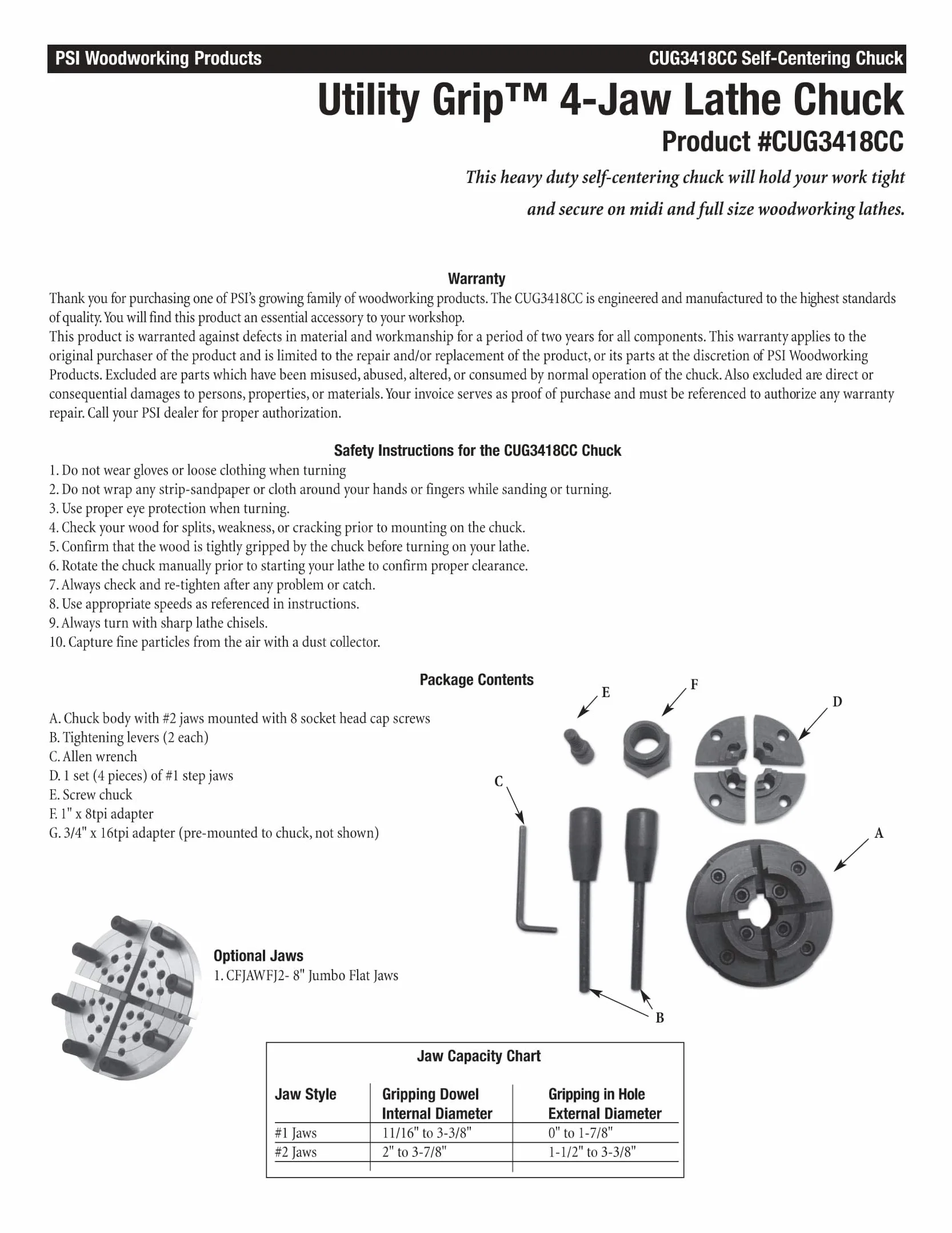 PSI Woodworking CUG3418CC Utility Grip 4-szczękowy system uchwytu tokarskiego