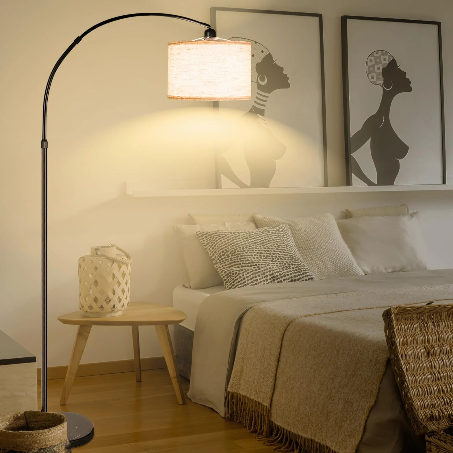 CCLIFE Stehlampe z możliwością ściemniania do salonu, lampa łukowa LED E27, lampa do czytania 60W 2700-6000K, przełącznik nożny, obracana o 360° głowica lampy, beżowa, z regulacją wysokości 165cm