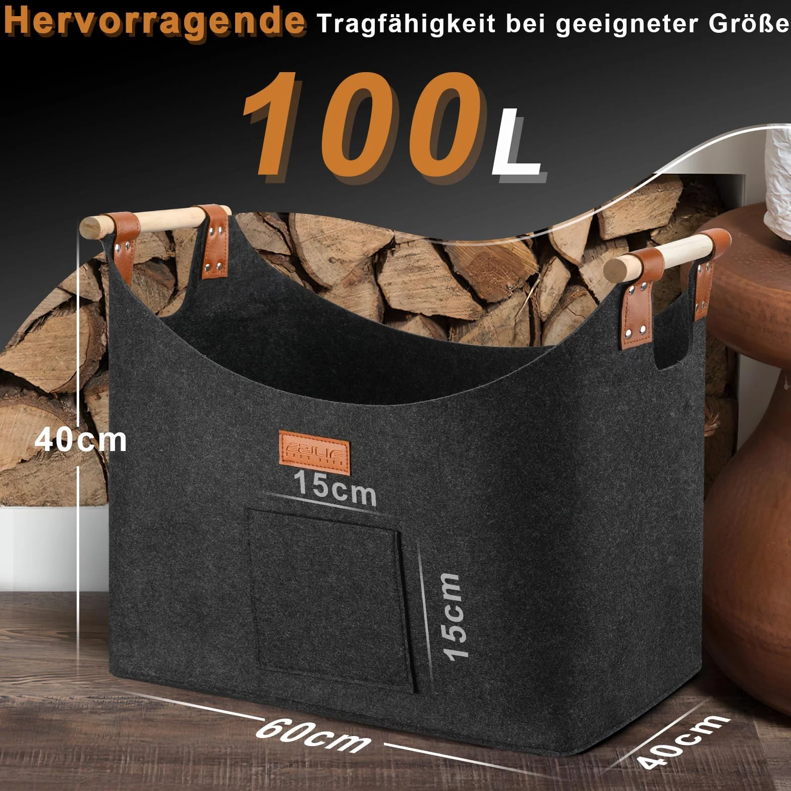 Kosz na drewno kominkowe XXL z podwójną wzmocnioną skórą, 100 l, z przodu, składany, 60 x 40 x 40 cm