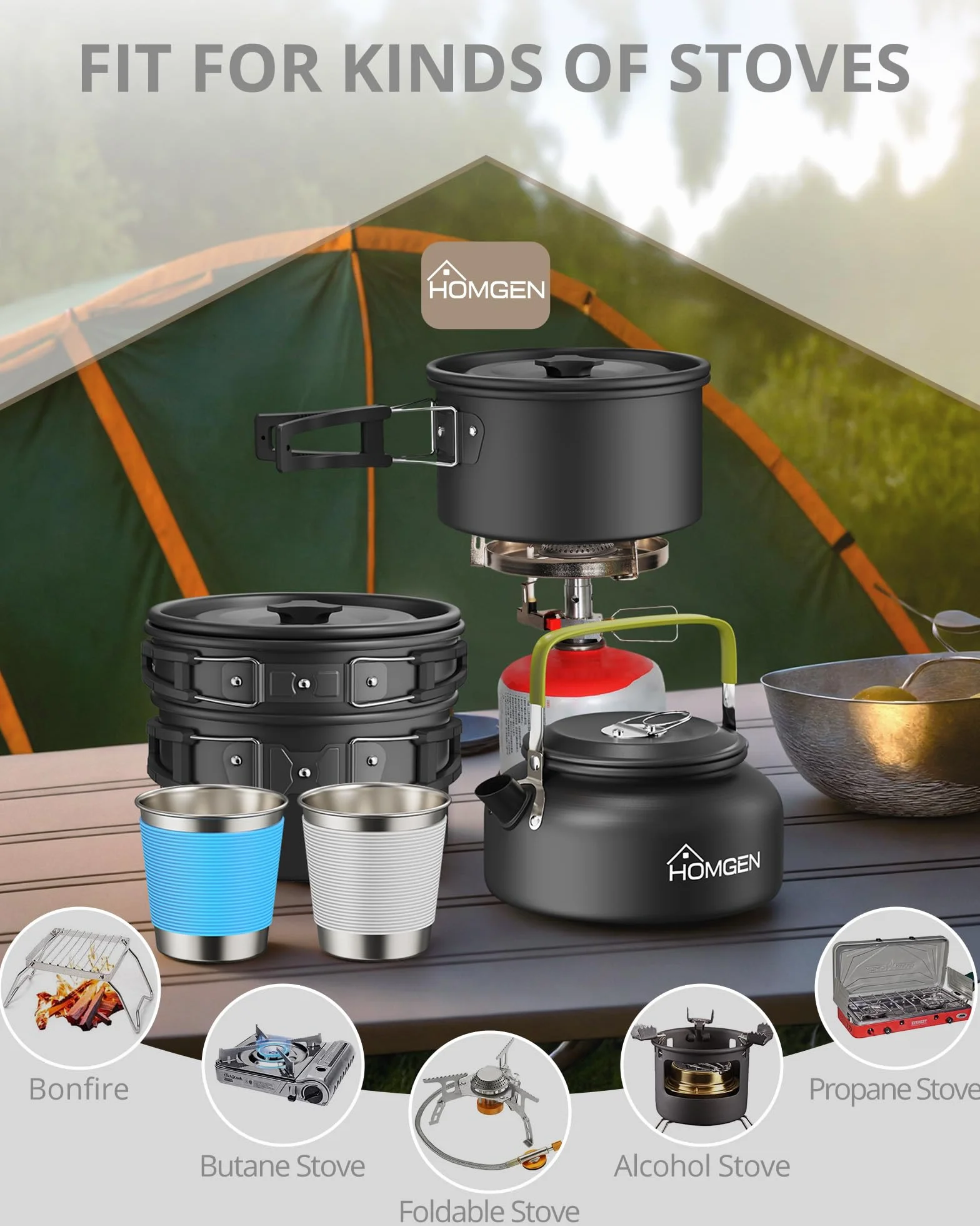 HOMGEN Camping zestaw garnków i patelni kempingowych, zestaw aluminiowych naczyń do gotowania, przenośny zestaw naczyń do gotowania, lekkie wyposażenie kempingowe dla 2-3 osób, na kemping, piknik