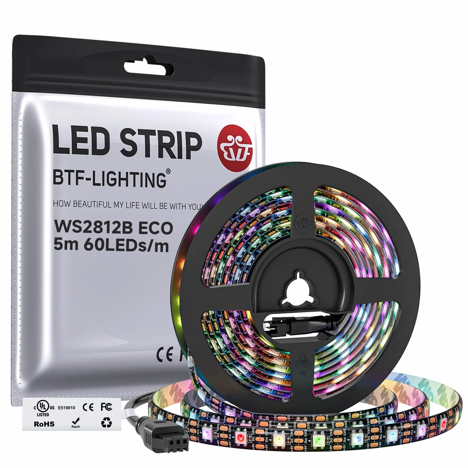 BTF-LIGHTING WS2812 ECO 5 m, 300 diod LED RGB, indywidualnie adresowalny, drut ze stopu WS2812 60 pikseli/m / 5050 SMD, elastyczny pasek świetlny, czarny, PCB DC 5 V, do dekoracji domu, wodoszczelność