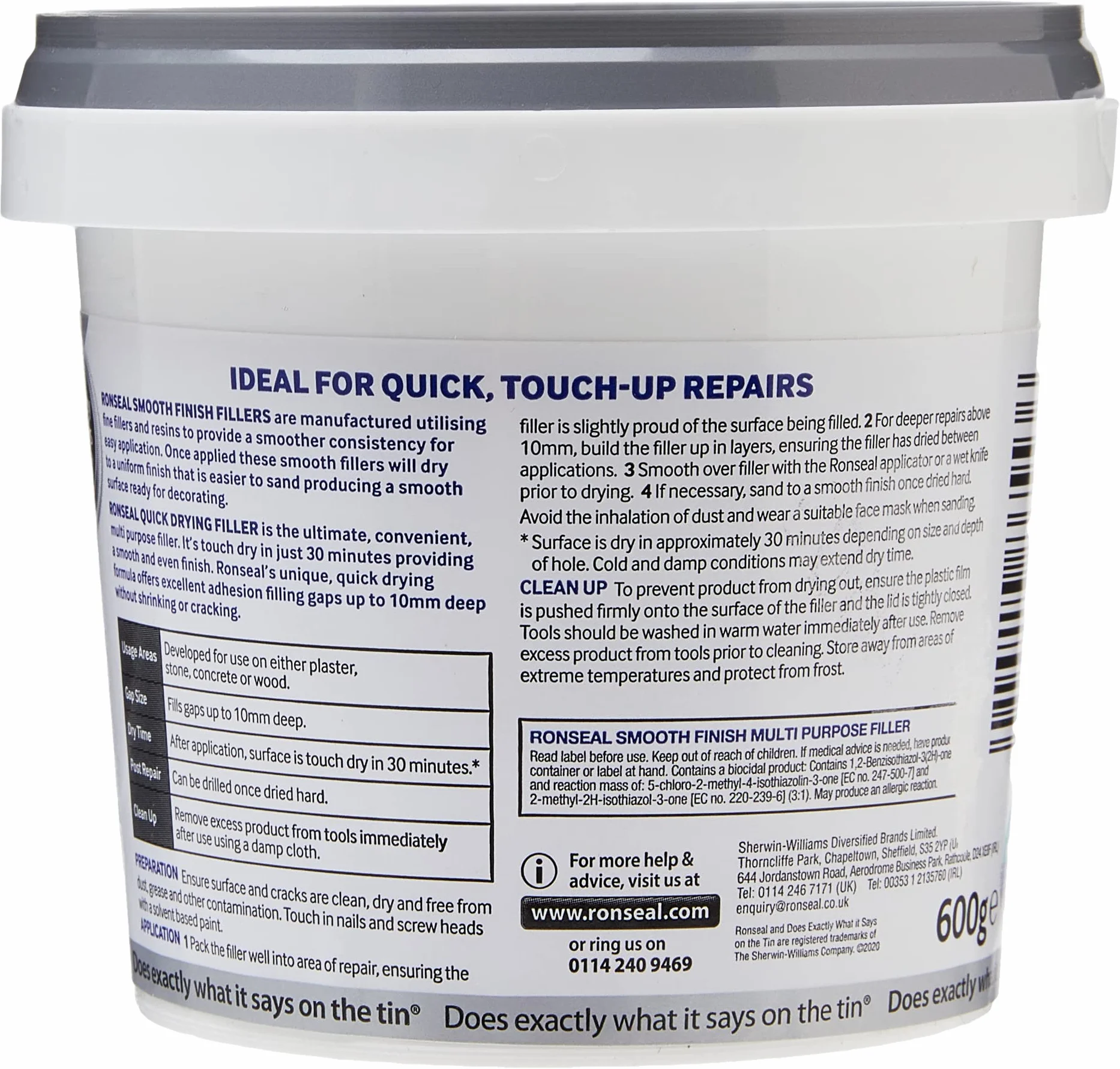 Ronseal 36553 wypełniacz o gładkim wykończeniu, szybkoschnący, 600 g, biały
