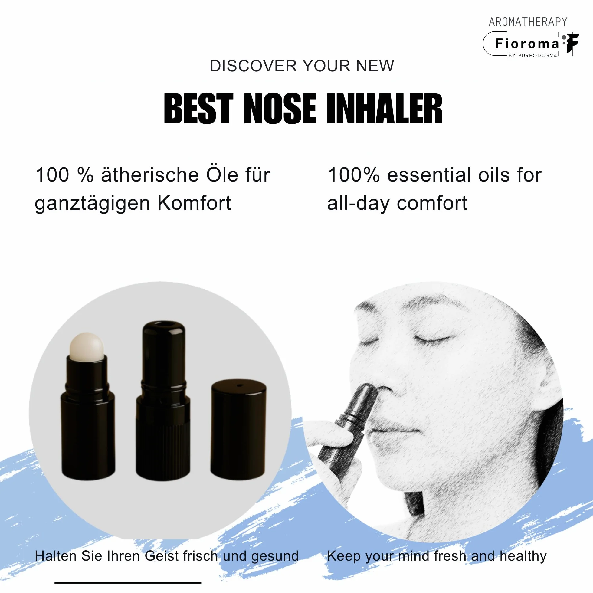 FIOROMA Premium inhalator do nosa z roll-on – kij do aromaterapii ze 100% naturalnymi olejkami eterycznymi – 7 wariantów zapachowych – przenośny i wielokrotnego użytku (Lemon La Lagoon)