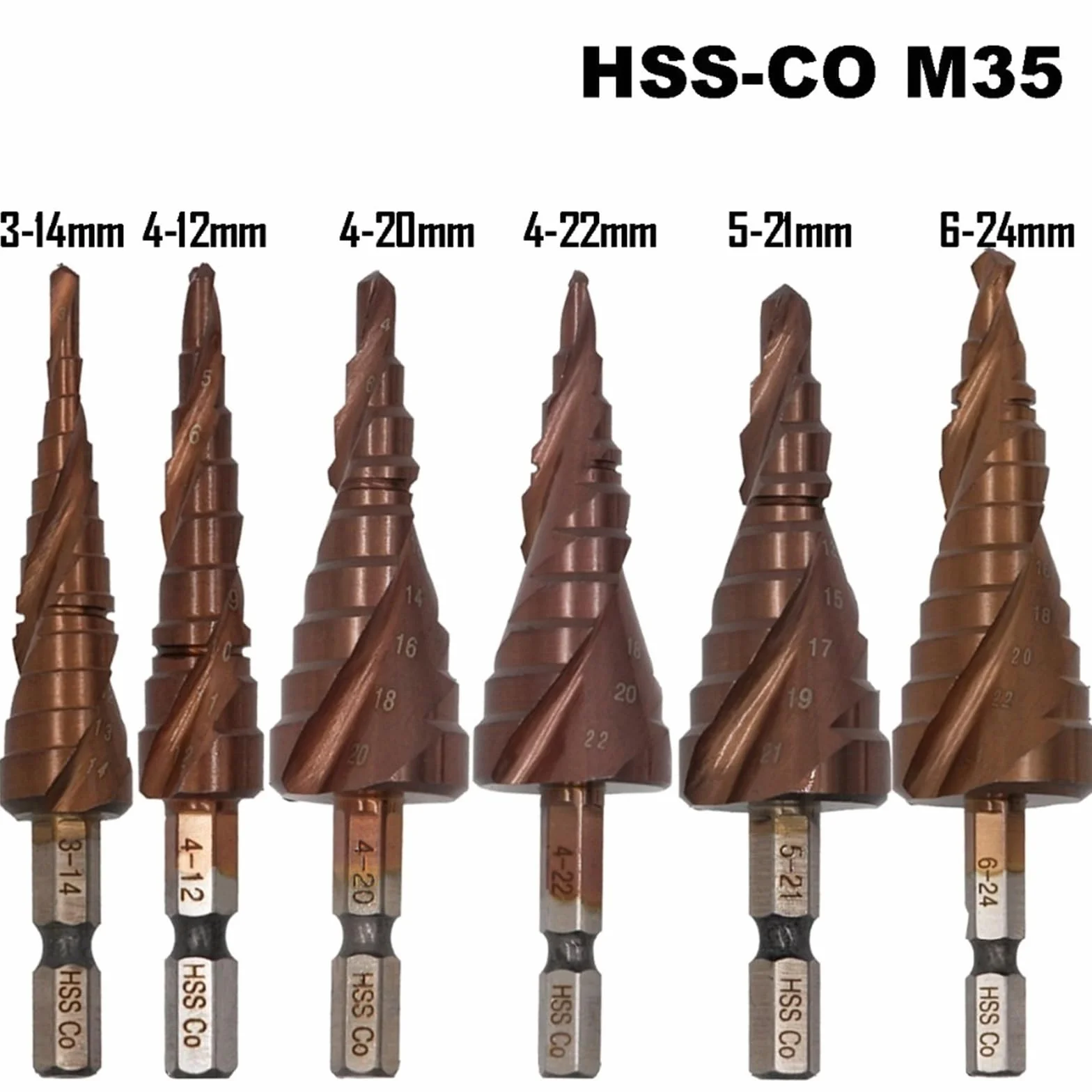 HSS M35 kobaltowe wiertło stopniowe HSSCO stal szybkotnąca stożek trzpień sześciokątny wiertło metalowe zestaw narzędzi do stali nierdzewnej 1 sztuka (kolor: 6-24 mm)