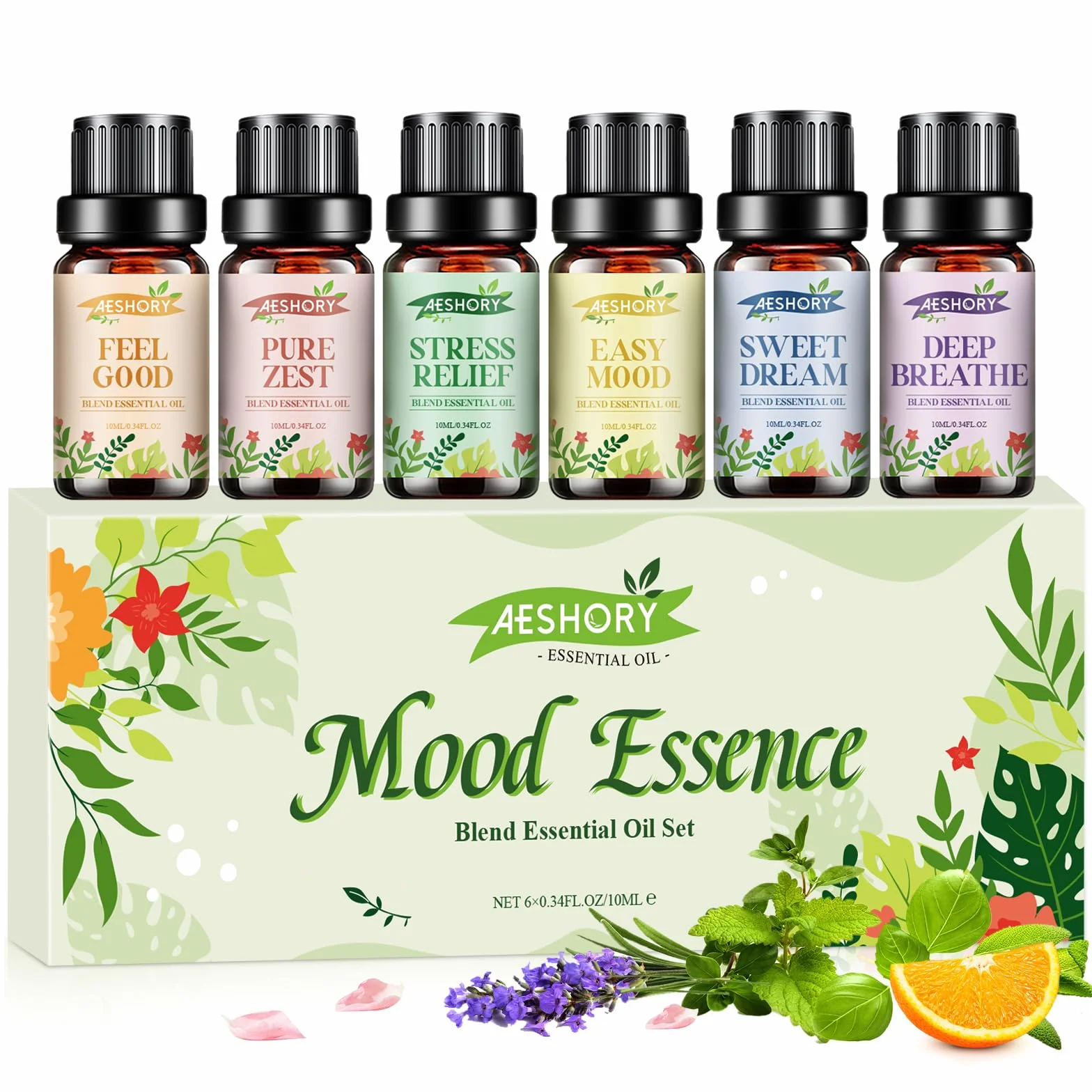 AESHORY Mood Essence zestaw olejków eterycznych 6 x 10 ml, naturalny olejek eteryczny do aromaterapii SPA, nawilżacz - łagodzenie stresu, słodki sen, dobre samopoczucie, głęboki oddech