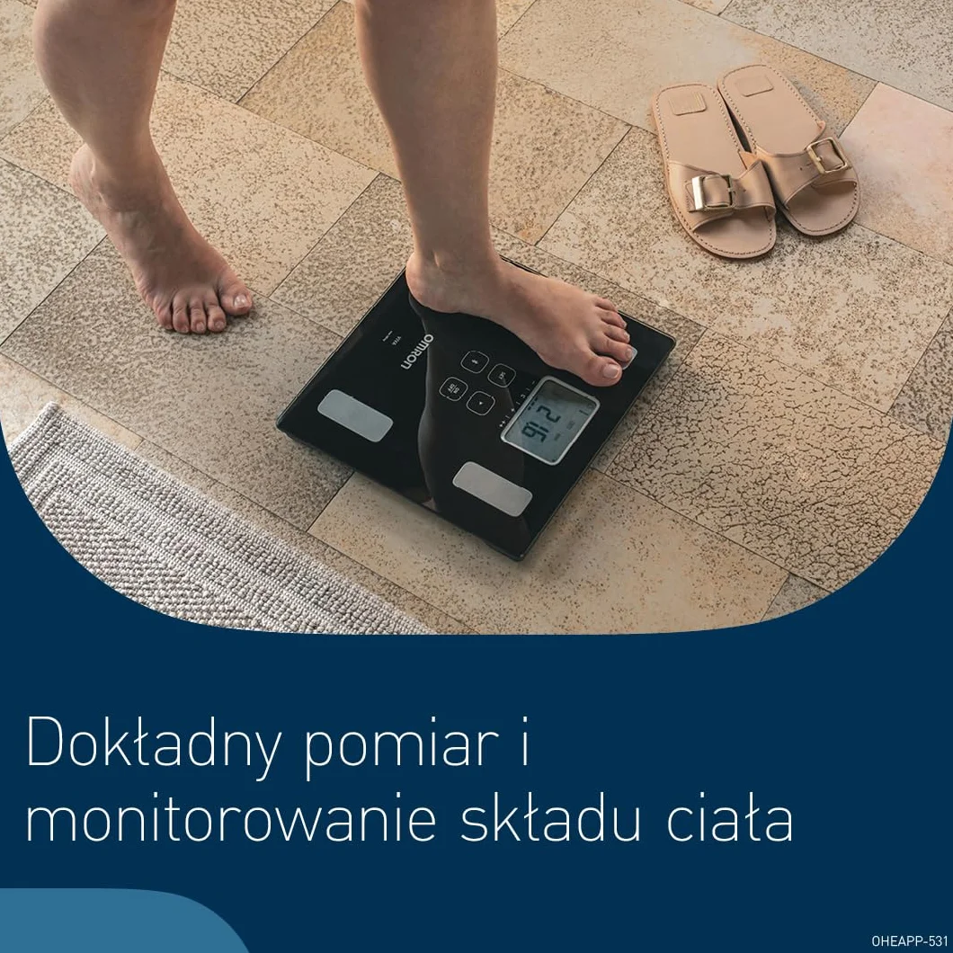 Waga OMRON VIVA Bluetooth Smart i monitor składu ciała z pomiarem tkanki tłuszczowej, masy ciała, zawartości tłuszczu trzewnego, masy mięśni szkieletowych, metabolizmu spoczynkowego i BMI