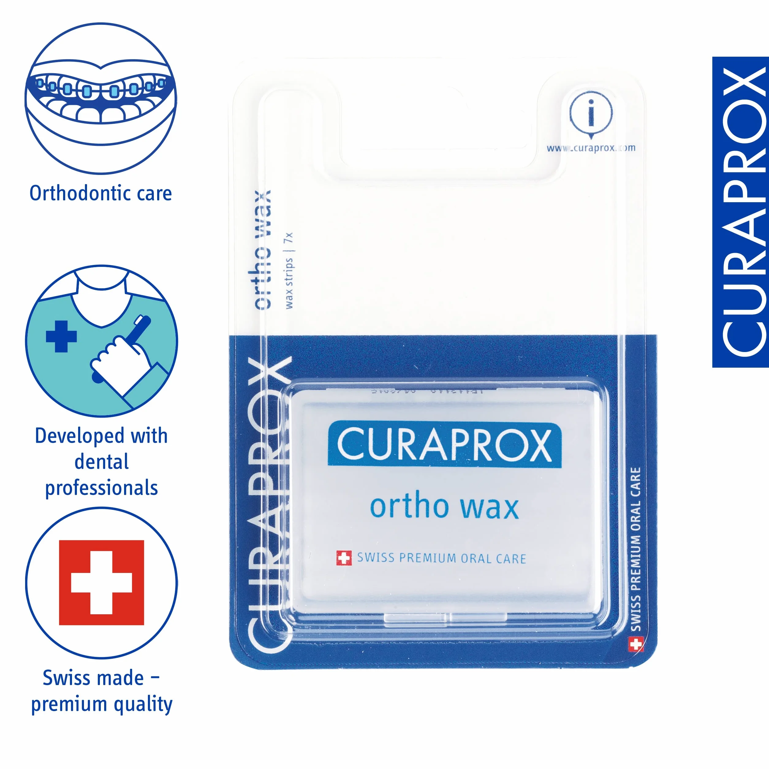 Curaprox Ortho-Wax, przezroczysty i neutralny smakowo wosk w poręcznym etui, do czyszczenia wsporników i aparatów ortodontycznych, pudełko z 7 paskami wosku