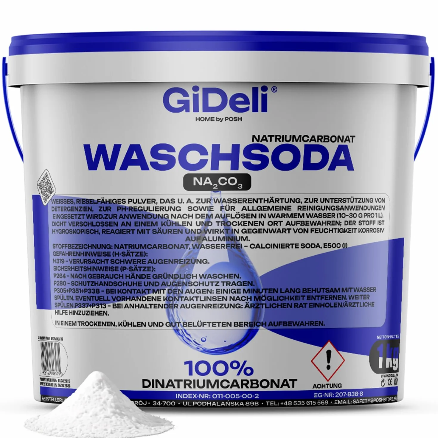 GiDeli Soda Kalcynowana 1kg – Soda w proszku do wybielania i odbarwiania – Środek do czyszczenia pralek i udrażniania rur – Węglan sodu do przypalonych garnków oraz czyszczenia płytek