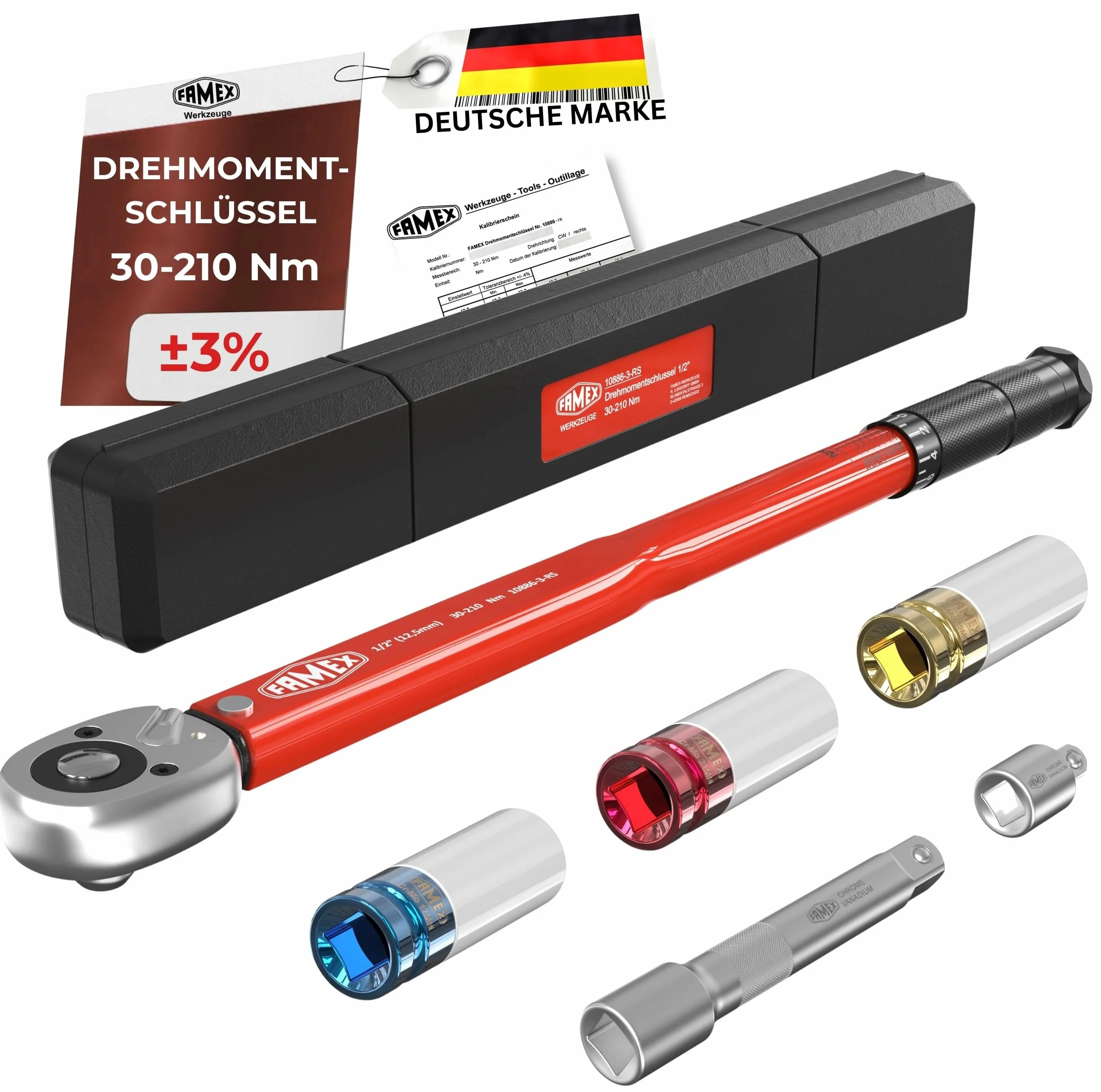 FAMEX 10886-3-RS-KS klucz dynamometryczny 1/2" (12,5 mm) 30-210 Nm +/- 3%, 3 nasadki nasadowe/wkładki ochronne, z certyfikatem kalibracyjnym - do samochodów, motocykli, SUV-ów, vanów