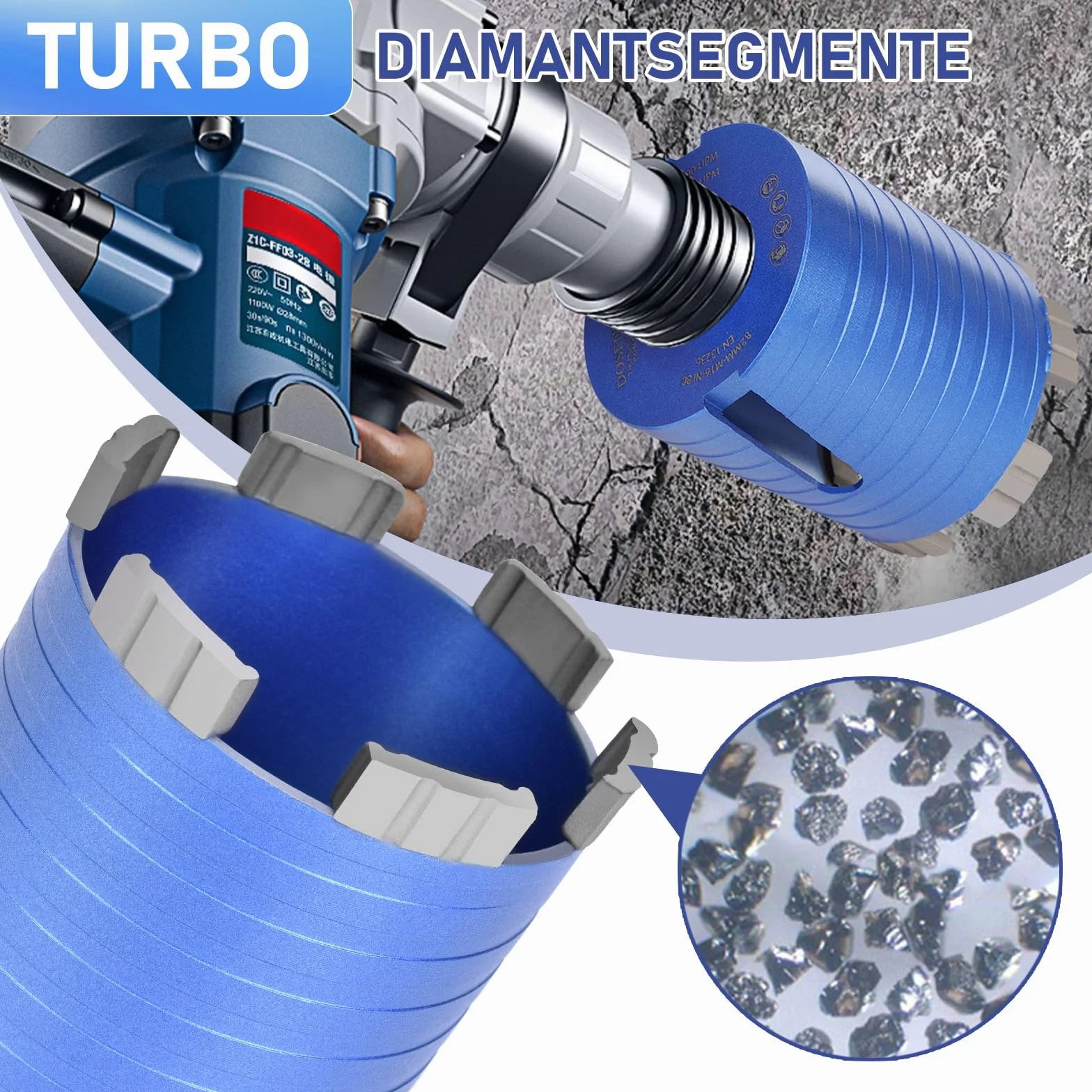 Niebieski M16 diamentowy pogłębiacz do puszek Turbo wiertło do puszek 82 mm z koroną wiertniczą SDS PLUS, 6 segmentów diamentowych, długość użytkowa 70 mm, wiertło do gniazd, wiertło do korony