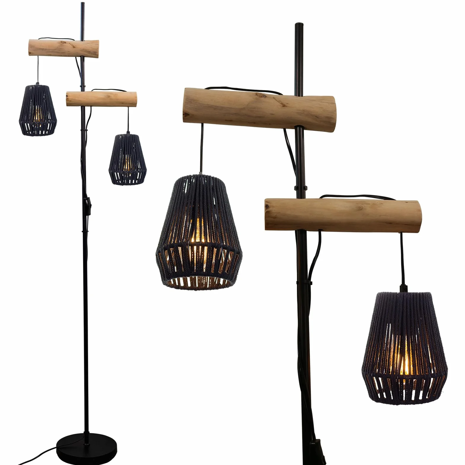 Vintage Lampa podłogowa z wiklinowym abażurem i drewnianą podłogą, idealna do salonu, 169 cm