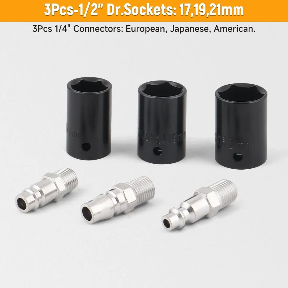 Hoteche Wkrętarka pneumatyczna 1/2" | pojedynczy młotek, 7000 obr./min, maksymalny moment obrotowy 330 NM, z 3 przyłączami 1/4", w kolorowym pudełku