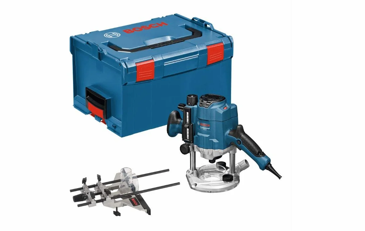 Bosch Professional Frezarka górnowrzecionowa GOF 1250 CE (klucz płaski 19 mm, adapter tulejki kopiującej, L-BOXX 238) + 30-częściowy zestaw frezów mieszanych (do drewna, akcesoria frezarki