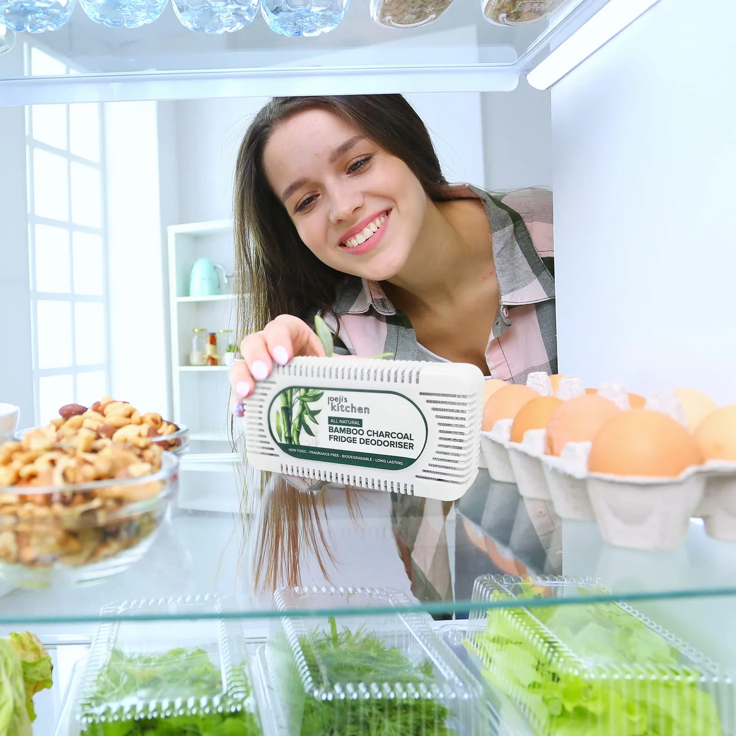 Joeji's Kitchen 2 szt. bambusowych aktywnych węgli do lodówki, oczyszczacz powietrza – przyjazny dla środowiska neutralizator zapachów – osuszacz powietrza z naturalnego bambusa