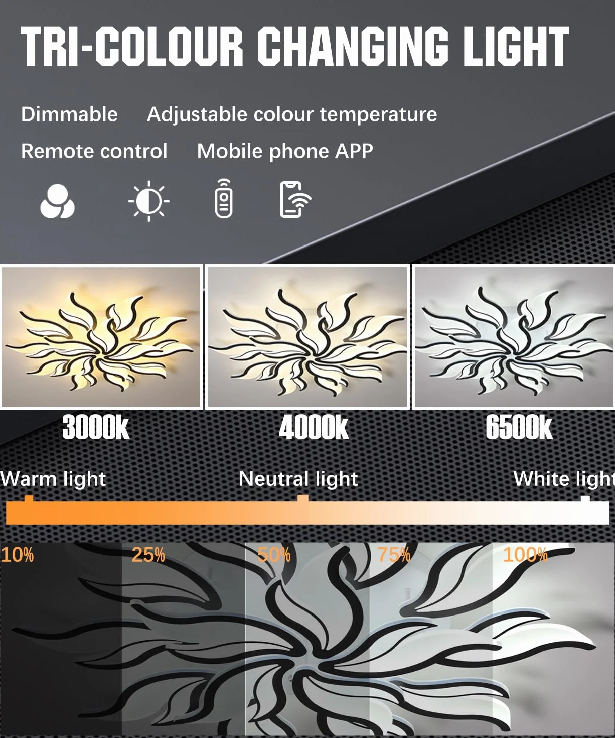 Nowoczesna lampa sufitowa LED Ściemnialna lampa sufitowa do salonu z pilotem Żyrandol 22W 3000K-6500K Lampy sufitowe w kształcie kwiatów do sypialni Jadalnia Biuro (Czarny, 3 głowic)