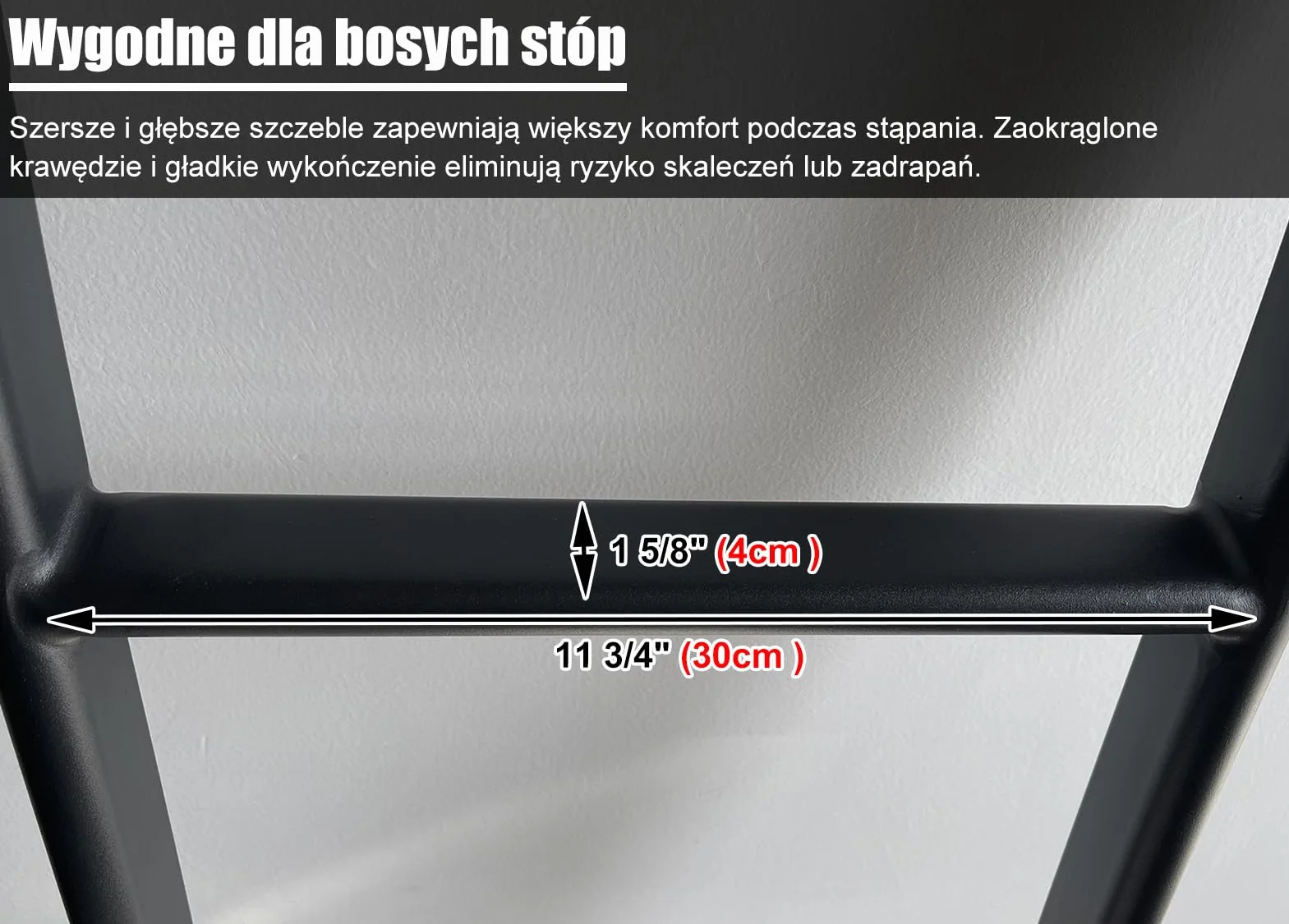 Czarna Drabinka do Łóżka Piętrowego, 140 cm, 4 Haki, Stalowa Konstrukcja | Wytrzymała, Udźwig 150 kg, Gładka bez Zadziorów, Stopki Antypoślizgowe, Elementy Montażowe i Narzędzie w Zestawie
