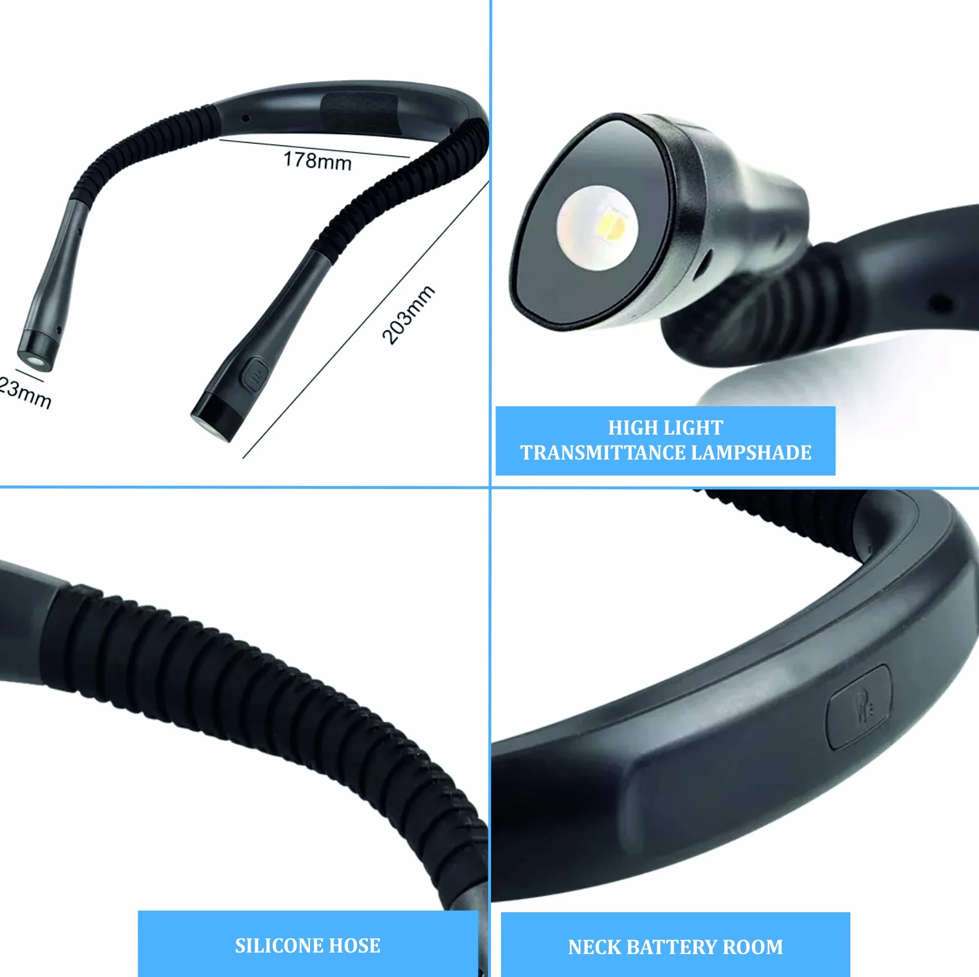 Lampka na szyję do czytania, szycia, majsterkowania. Lampka LED. Wbudowana bateria. Ładowanie przez USB + lampka USB DomoGardeno