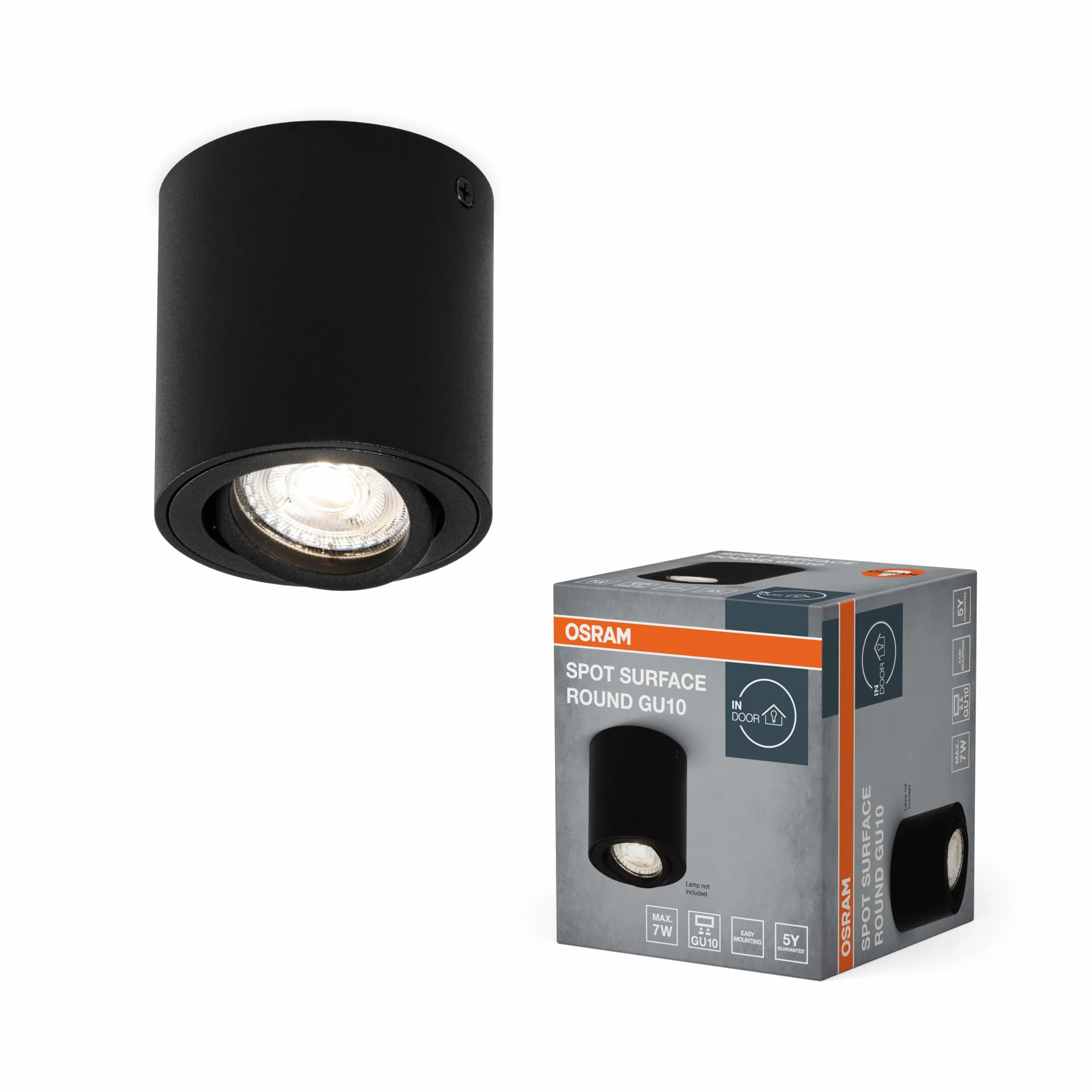 OSRAM Spot Surface Oprawa punktowa, czarna, z oprawką GU10, może być wyposażony w zwykłą lub inteligentną lampę LED, elastyczny kąt świecenia, stopień ochrony IP20, wysokiej jakości obudowa | Powierzchnia punktowa, światła punktowe i reflektory sufitowe,