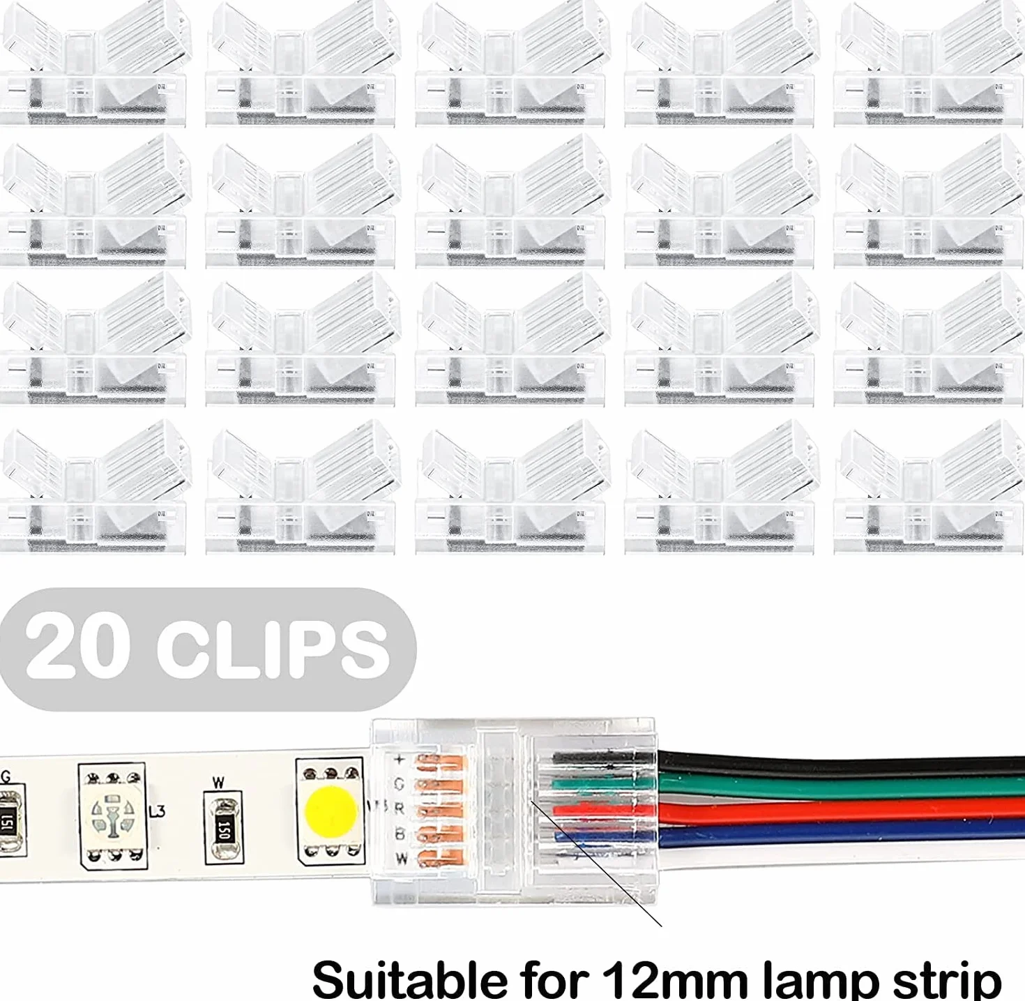 RUNCCI-YUN 20 sztuk złącza taśmy LED 5-pinowe 12 mm, złącza taśm LED bezołowiowe, 5-pinowe kable połączeniowe, na 12 mm szerokość paska SMD 5050 RGBW LED 5V 12V 24V (przezroczysty)