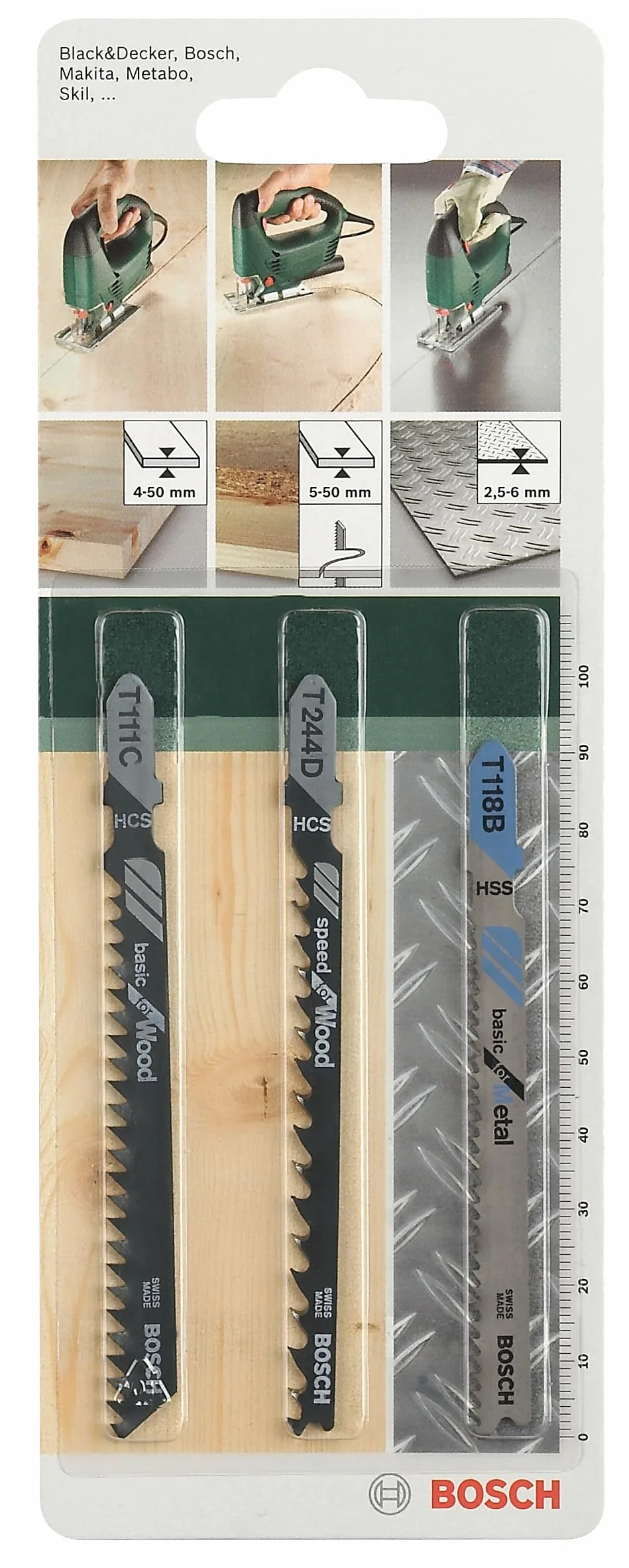 Bosch 2609256741 DIY zestaw brzeszczotów do wyrzynarek 3-częściowy T11C (1), T244D (1), T118B (1)