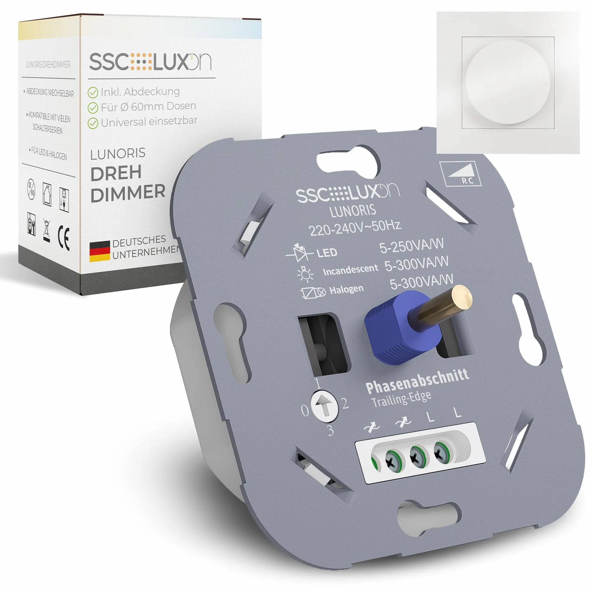 SSC-LUXon Lunoriis uniwersalny ściemniacz obrotowy, podtynkowy, 5-250 W, LED, halogenowy, sekcja fazy, ściemniacz 230 V, do puszki podtynkowej, 60 mm, osłona, biały