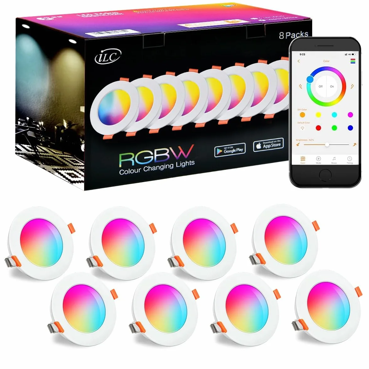 iLC Reflektory LED do zabudowy 8 W (odpowiednik 60 W) Wycięcie - 68-85 mm, praca z Alexą (wymagane jest urządzenie Echo), IP44 Okrągły reflektor wpuszczany CCT + RGB sterowany aplikacją (zestaw 8