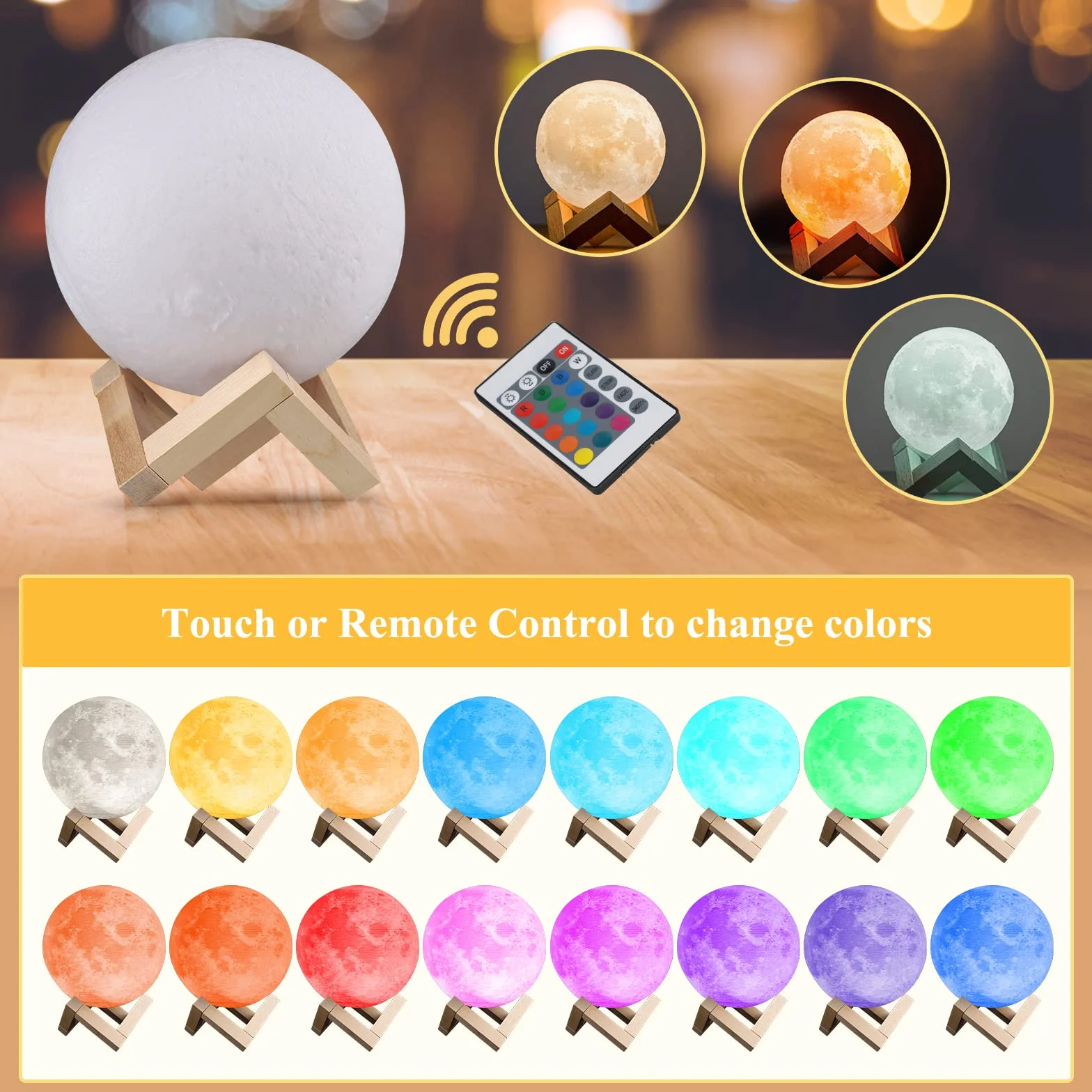 CPROSP Lampa księżycowa z nadrukiem 3D, lampa księżycowa, kula 15 cm, Lunalamp z pilotem zdalnego sterowania, lampa Moonlight z możliwością ściemniania, światło księżyca RGB 16 zmiana koloru