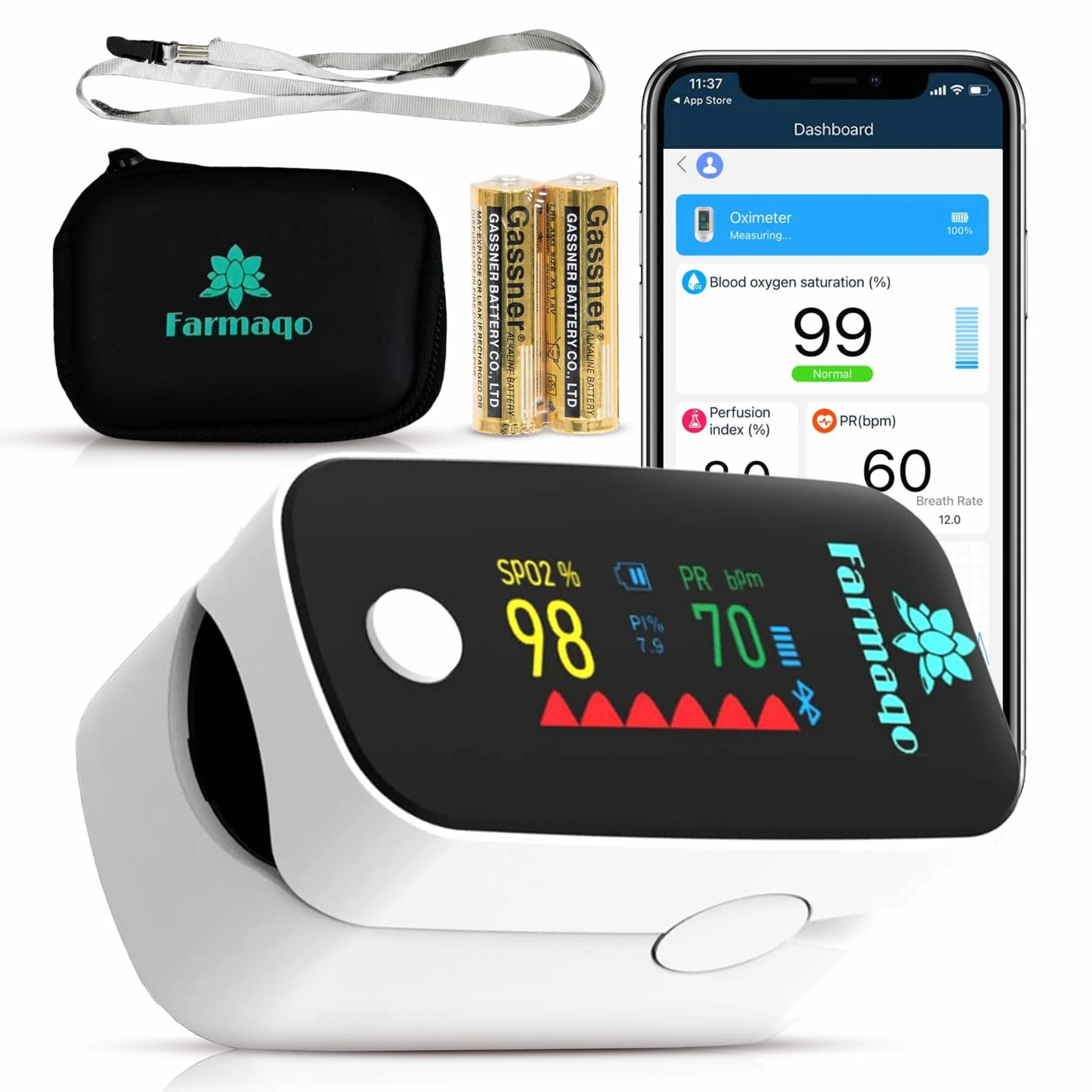 Pulsoksymetr palcowy Bluetooth z aplikacją – pulsoksymetr medyczny/miernik saturacji SpO₂, monitor tętna (PI & RR), kolorowy ekran OLED, certyfikat CE, etui + baterie w zestawie