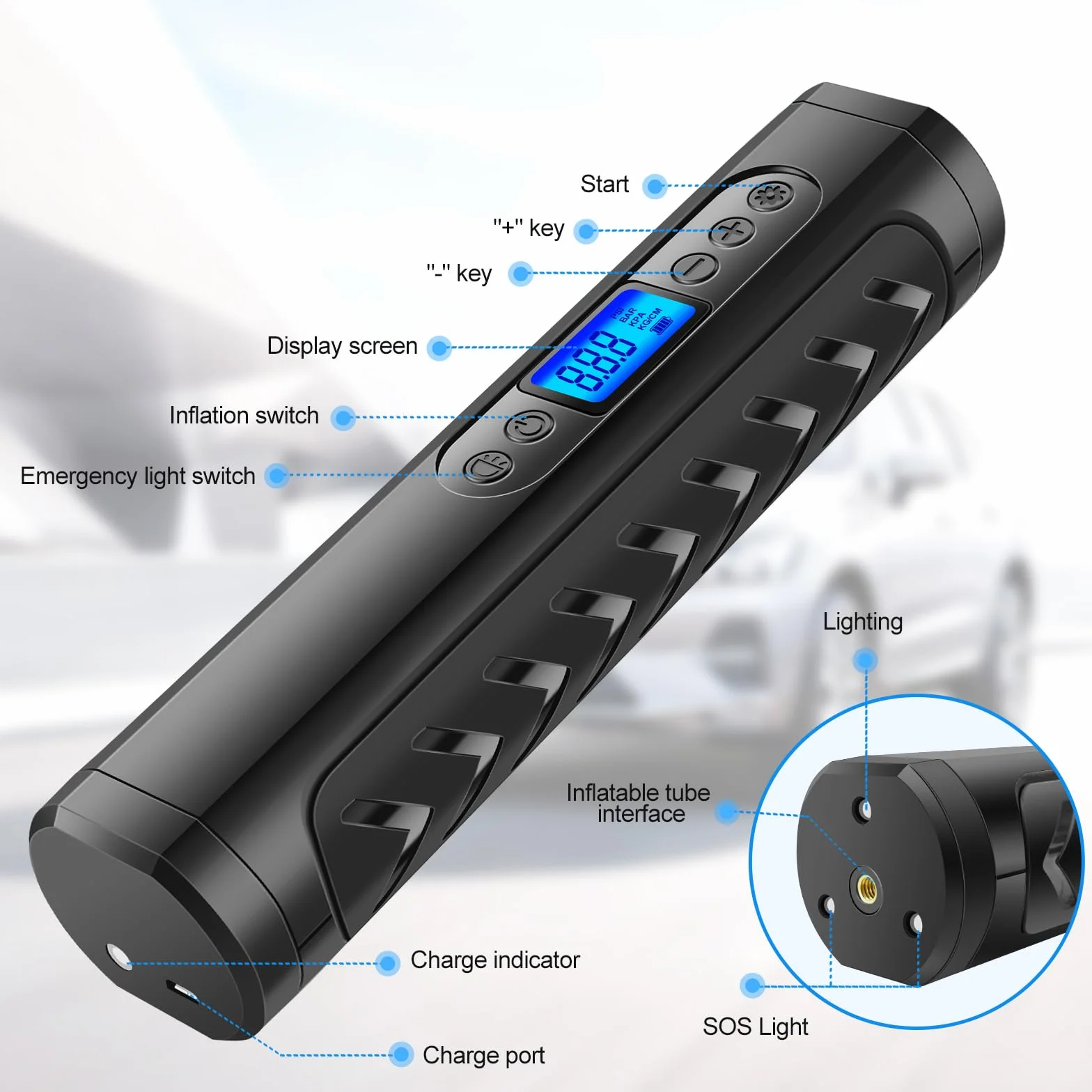 Przenośna sprężarka powietrza Przenośny Kompresor 150 PSI 6000 mAh Bezprzewodowa Pompka do Opon z Wyświetlaczem LCD, Lampką LED i 3 Końcówkami do Samochodu, Roweru i Motocykla