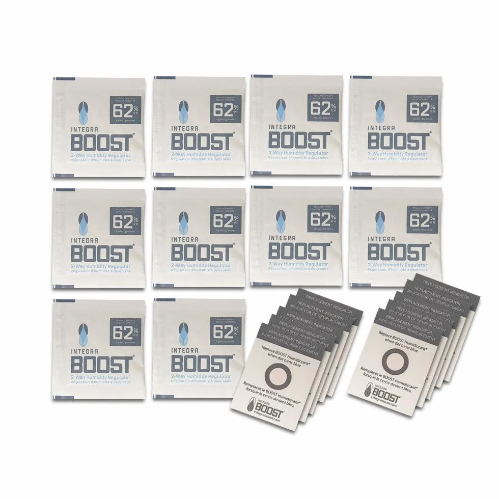 10 x 4 g Integra Boost Humidity Pack 62% (4 g), regulator wilgotności, 2-drożny nawilżacz powietrza ze wskaźnikiem, opakowanie nawilżające do świeżych ziół, na bazie roślin