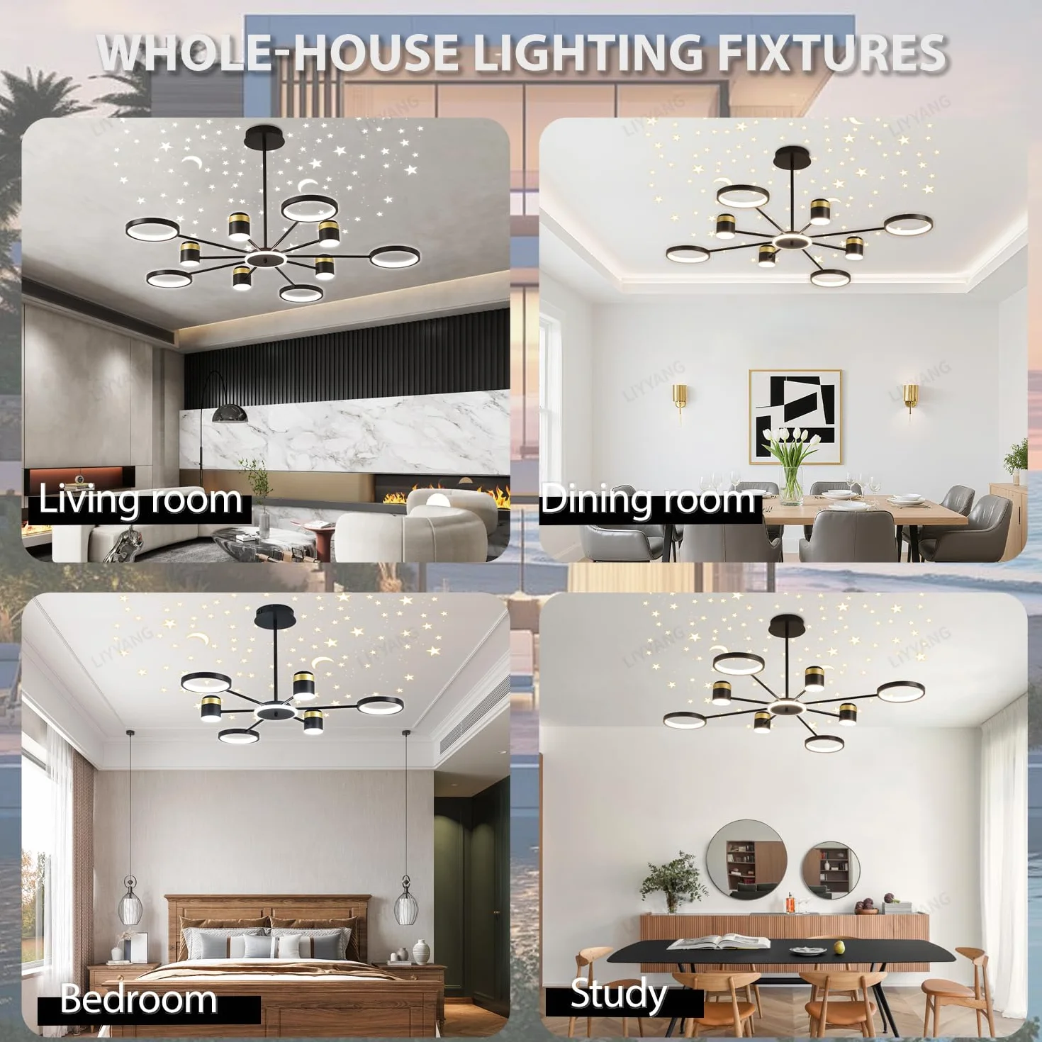 Okrągły żyrandol LED Lampka sufitowa z funkcją ściemniania i pilotem Lampka do salonu Lampka sufitowa do sypialni Lampka wisząca Starlight Nowoczesne lampy sufitowe restauracji i biura (Czarny Φ120cm)
