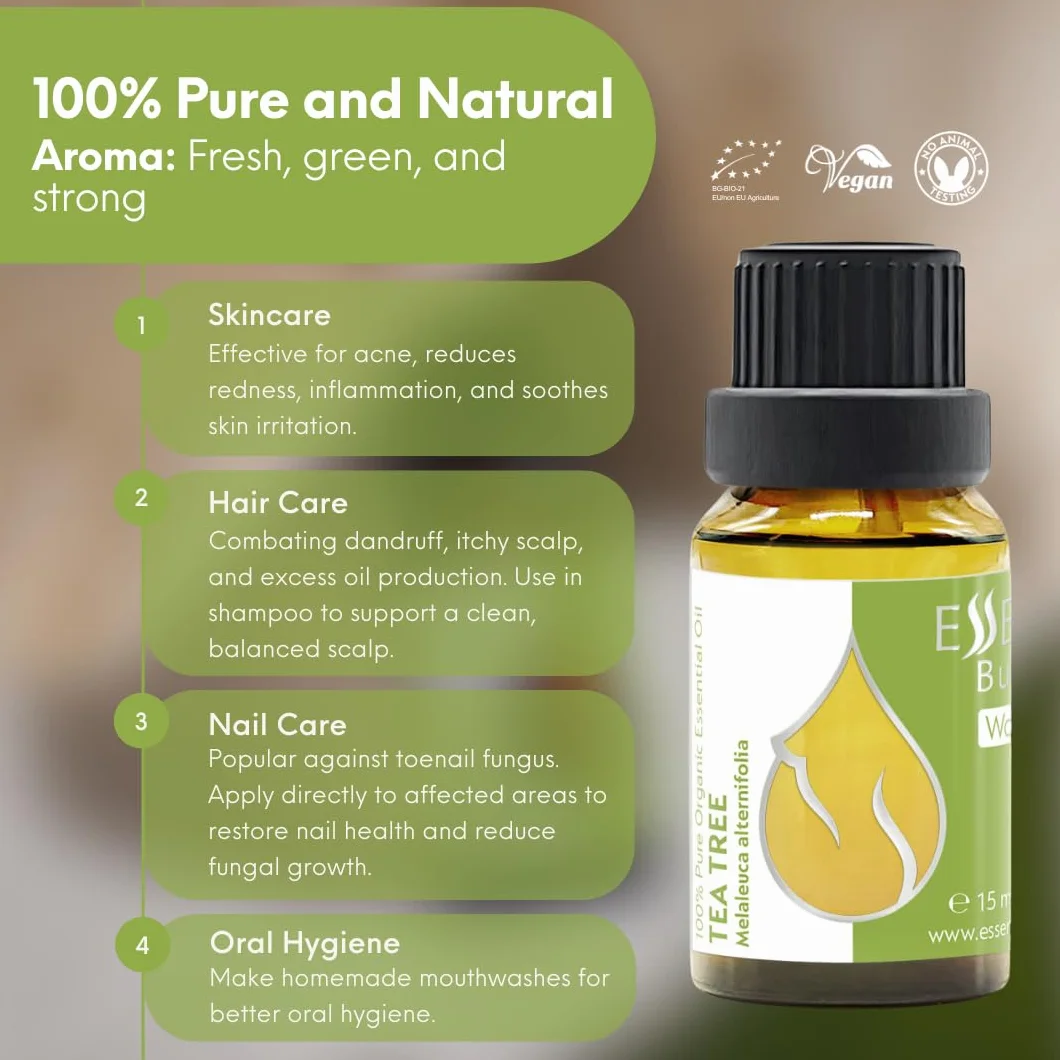 Essences Bułgaria Organiczny Olejek Eteryczny z Drzewa Herbacianego 15ml | Melaleuca alternifolia | 100% Czysty i Naturalny | Nierozcieńczony | Klasa Terapeutyczna | Aromaterapia | Kosmetyki | Bez GMO